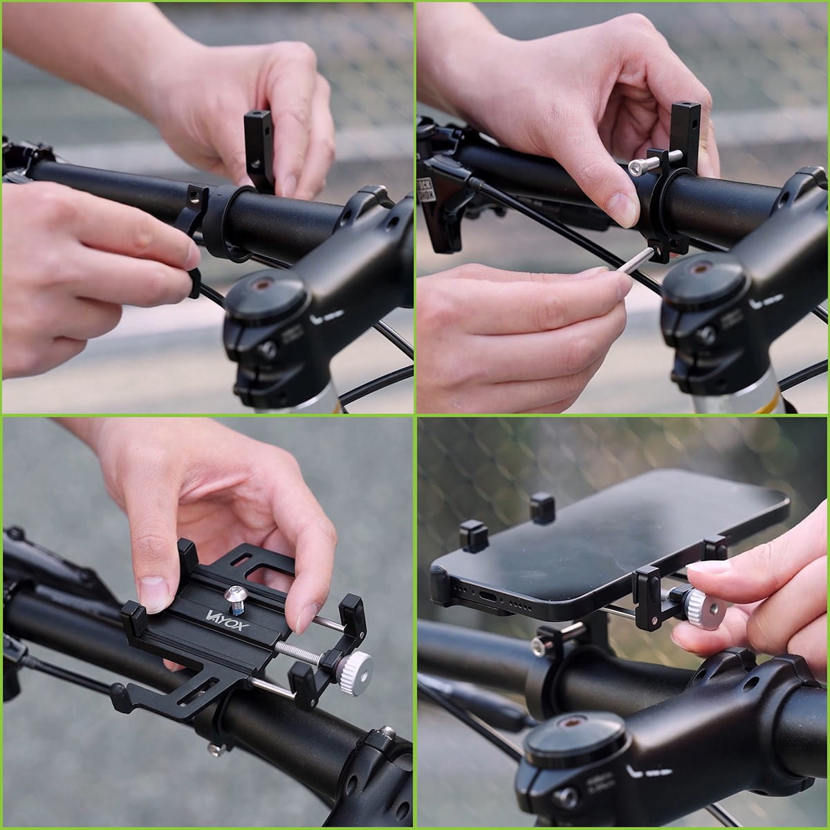 Osoba montująca uchwyt na telefon na kierownicy roweru. Pokazano różne etapy.
