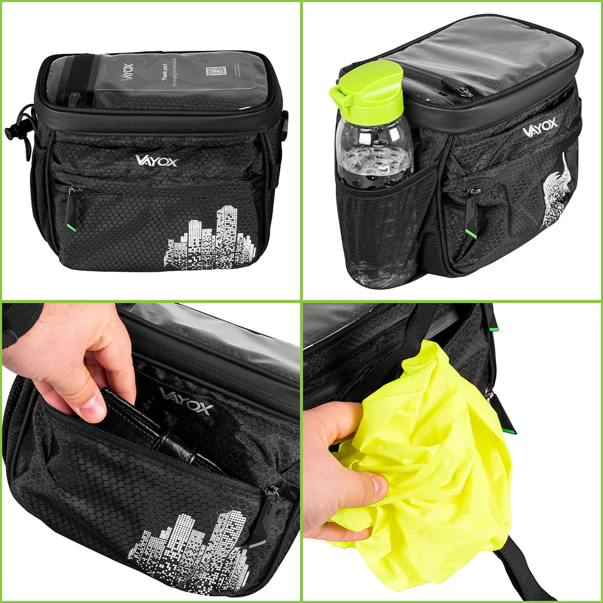 Kolaż czarnej torby rowerowej z etui na telefon, butelką wody i wewnętrznymi kieszeniami.