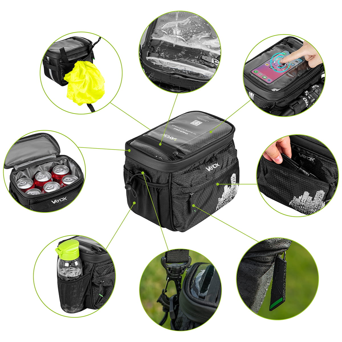 Czarna torba rowerowa z wieloma przegródkami i przezroczystym uchwytem na telefon, z wyróżnionymi funkcjami.