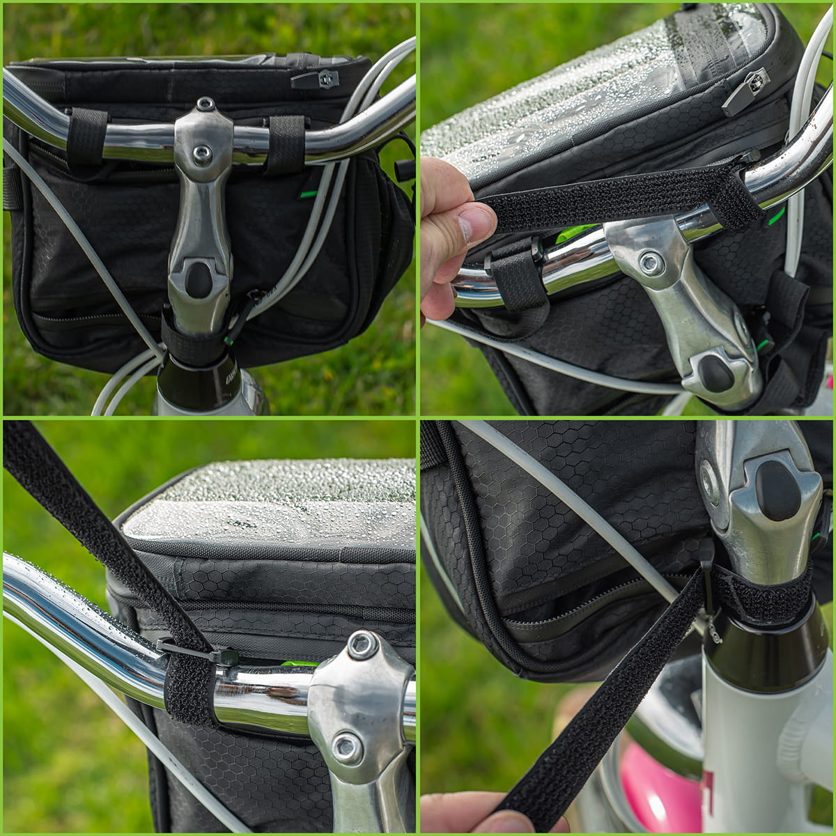 Cztery zdjęcia czarnej torby na kierownicę roweru, pokazujące szczegóły pasków i mocowania.