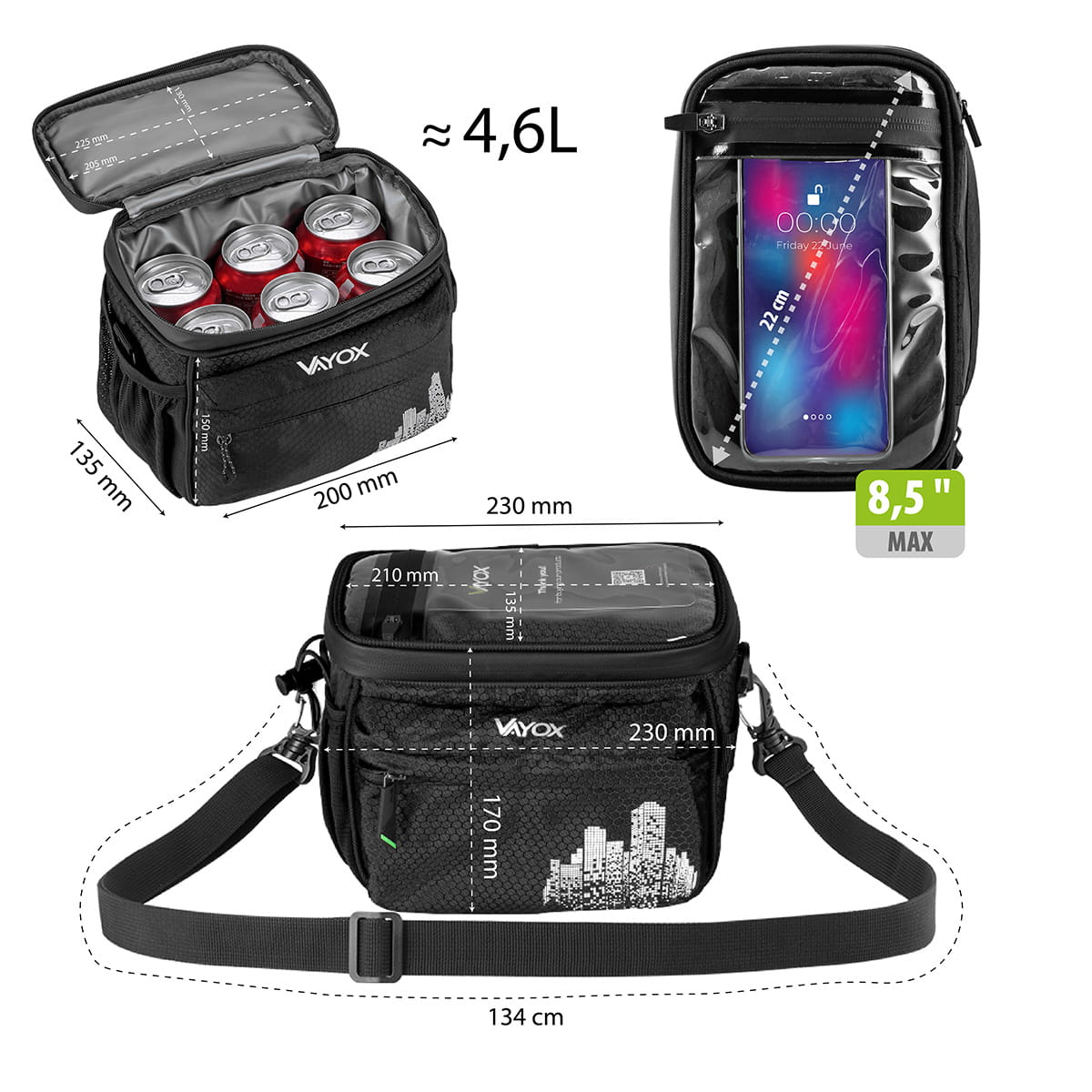 Czarna torba rowerowa, otwarta, pokazująca 6 puszek, przezroczysty uchwyt na telefon i wymiary na schemacie.