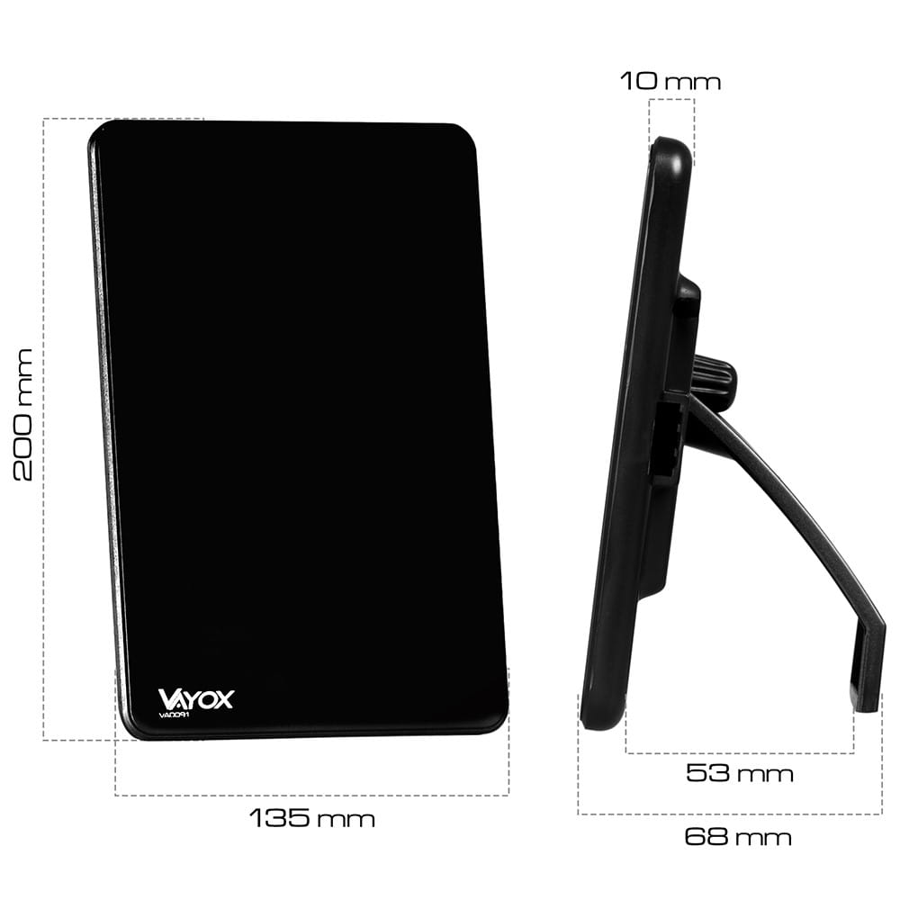 Czarna antena ze stojakiem, wymiary na zdjęciu. Przód jest czarny, stojak jest czarny.