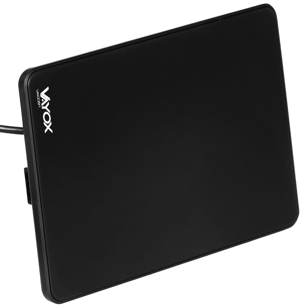 Czarna prostokątna antena z logo na białym tle, pokazująca elegancki, minimalistyczny design.