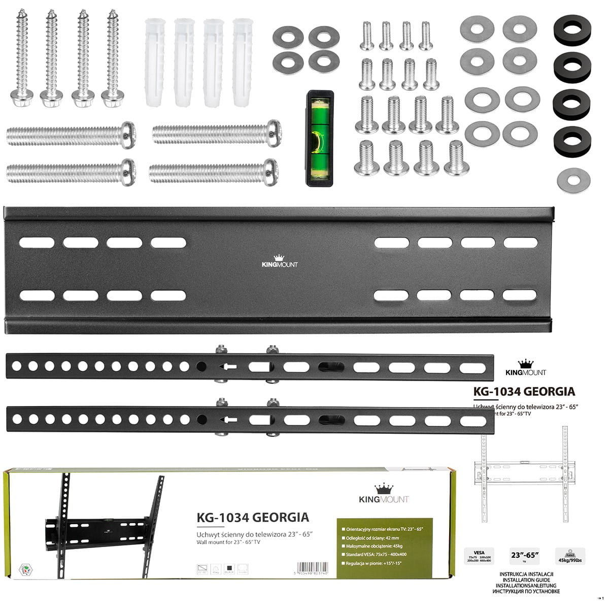 Zestaw do montażu telewizora ze śrubami, poziomicą i wspornikami oraz pudełko z instrukcjami.