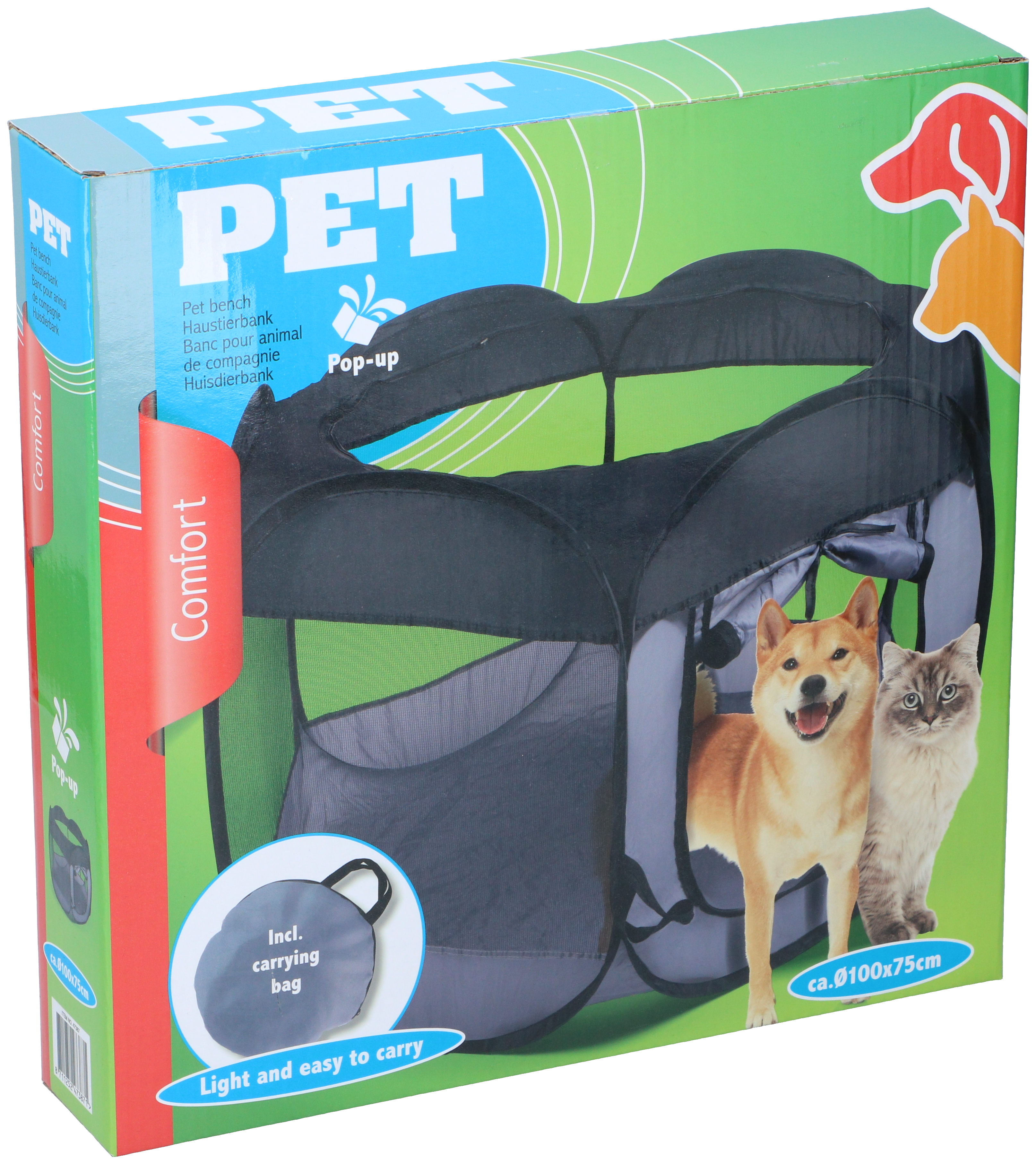 Box with a pet pen pop-up, with a dog and cat illustration. It says 'Comfort' and 'Pet'.