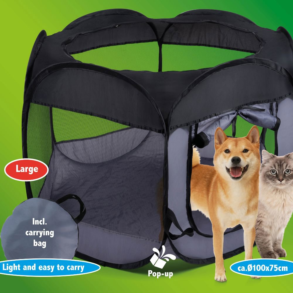 A dog and cat in a black and grey pet playpen. The playpen is open and has a carrying bag.