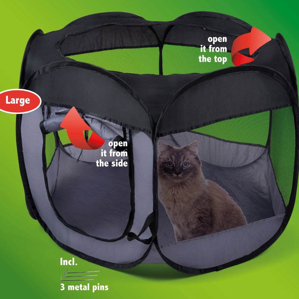 A pop-up pet playpen with a cat. The pen is black and gray. Arrows indicate opening points.