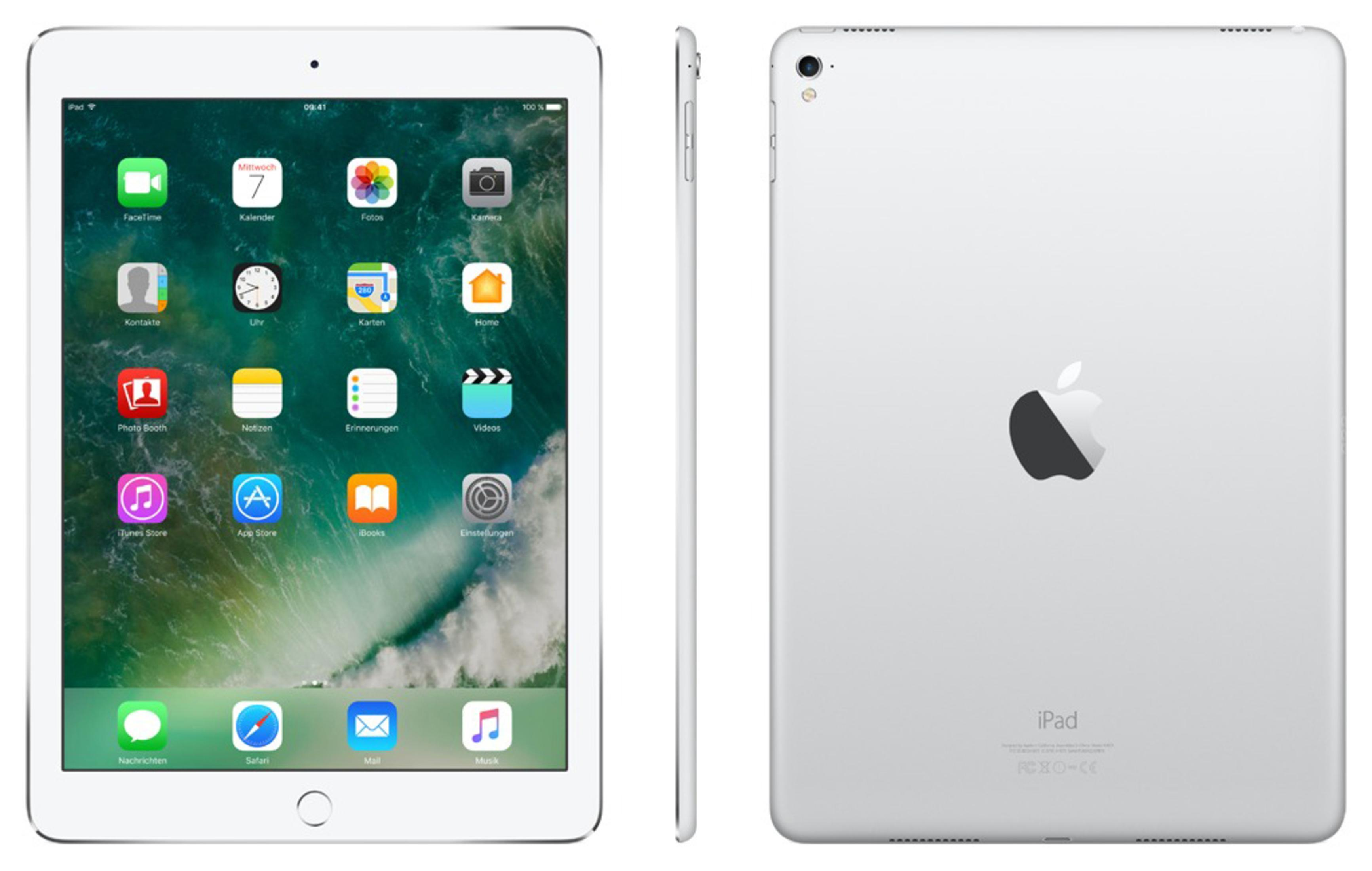 Zwei Ansichten eines weißen iPads. Eine zeigt den Bildschirm mit Apps, die andere die Rückseite mit dem Apple-Logo.