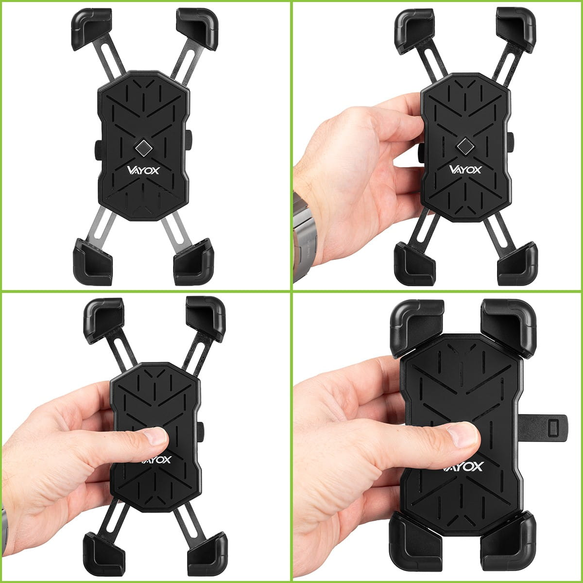 Cztery obrazy pokazują ręce montujące czarny uchwyt na telefon do roweru.
