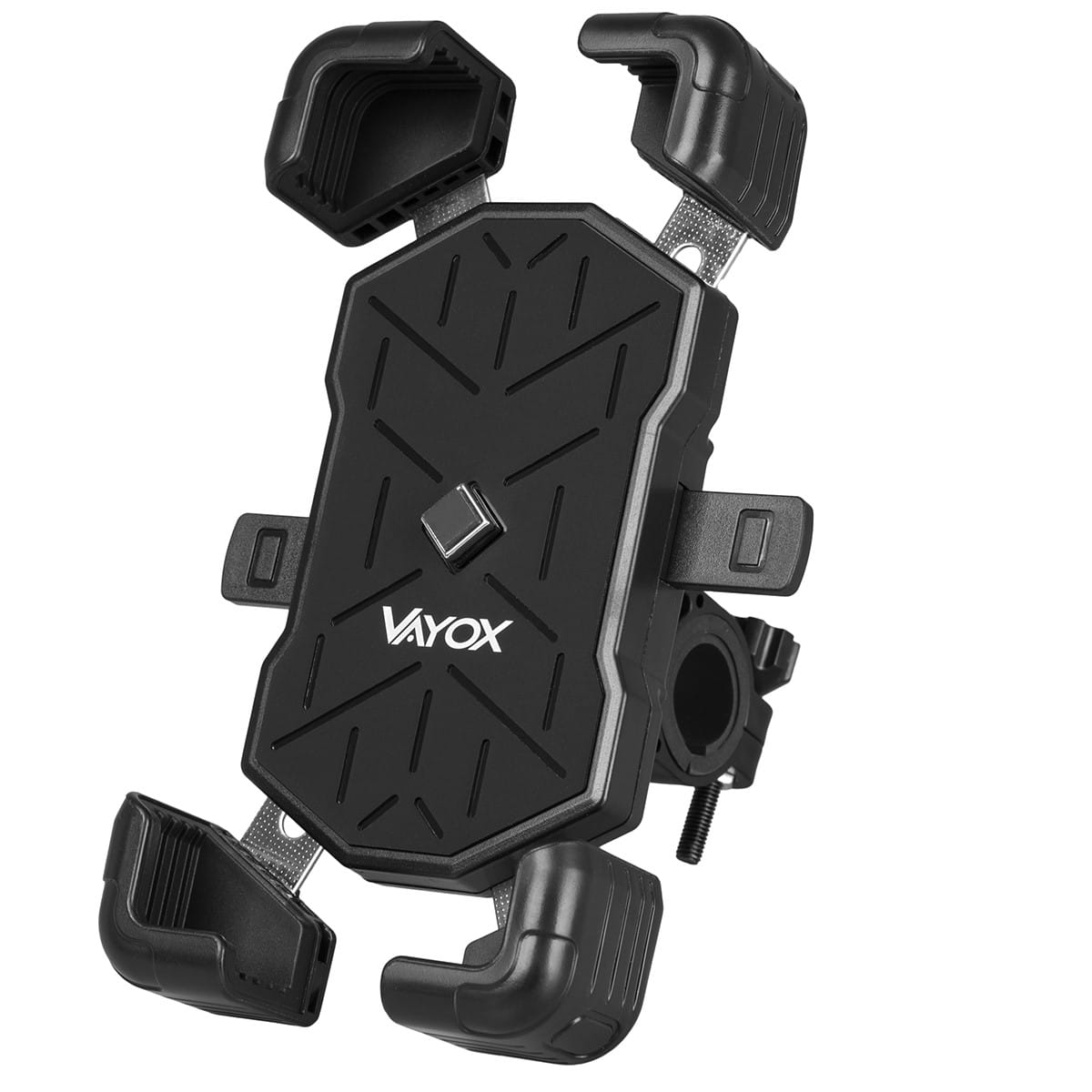 Czarny uchwyt na telefon do motocykla. Ma wiele ramion do zabezpieczania telefonu.