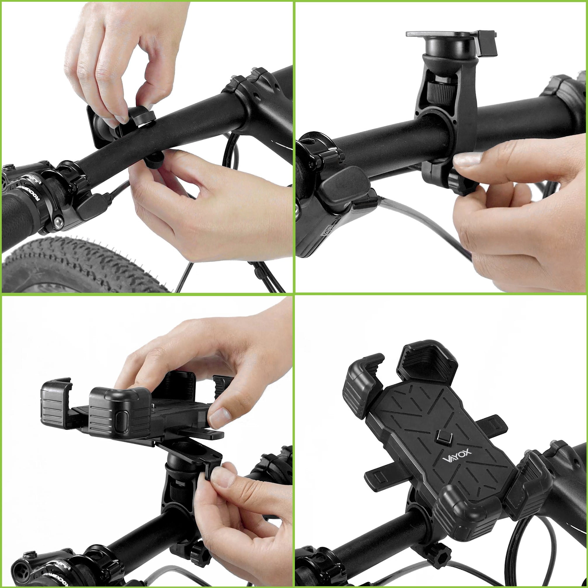 Cztery obrazy pokazują kroki instalacji czarnego uchwytu na telefon na kierownicy roweru.