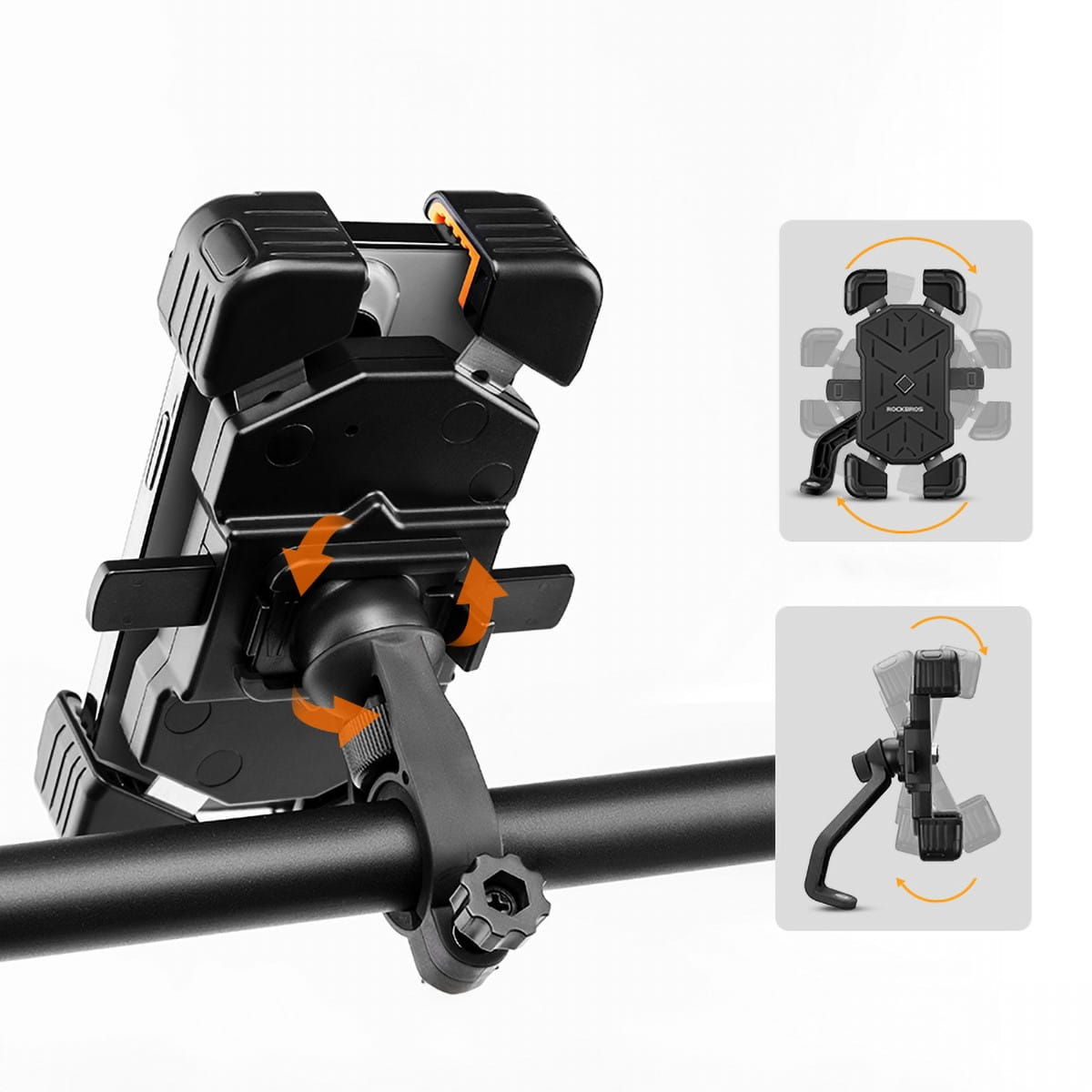Czarny uchwyt na telefon na kierownicy roweru. Dwa diagramy pokazują regulacje. Białe tło.