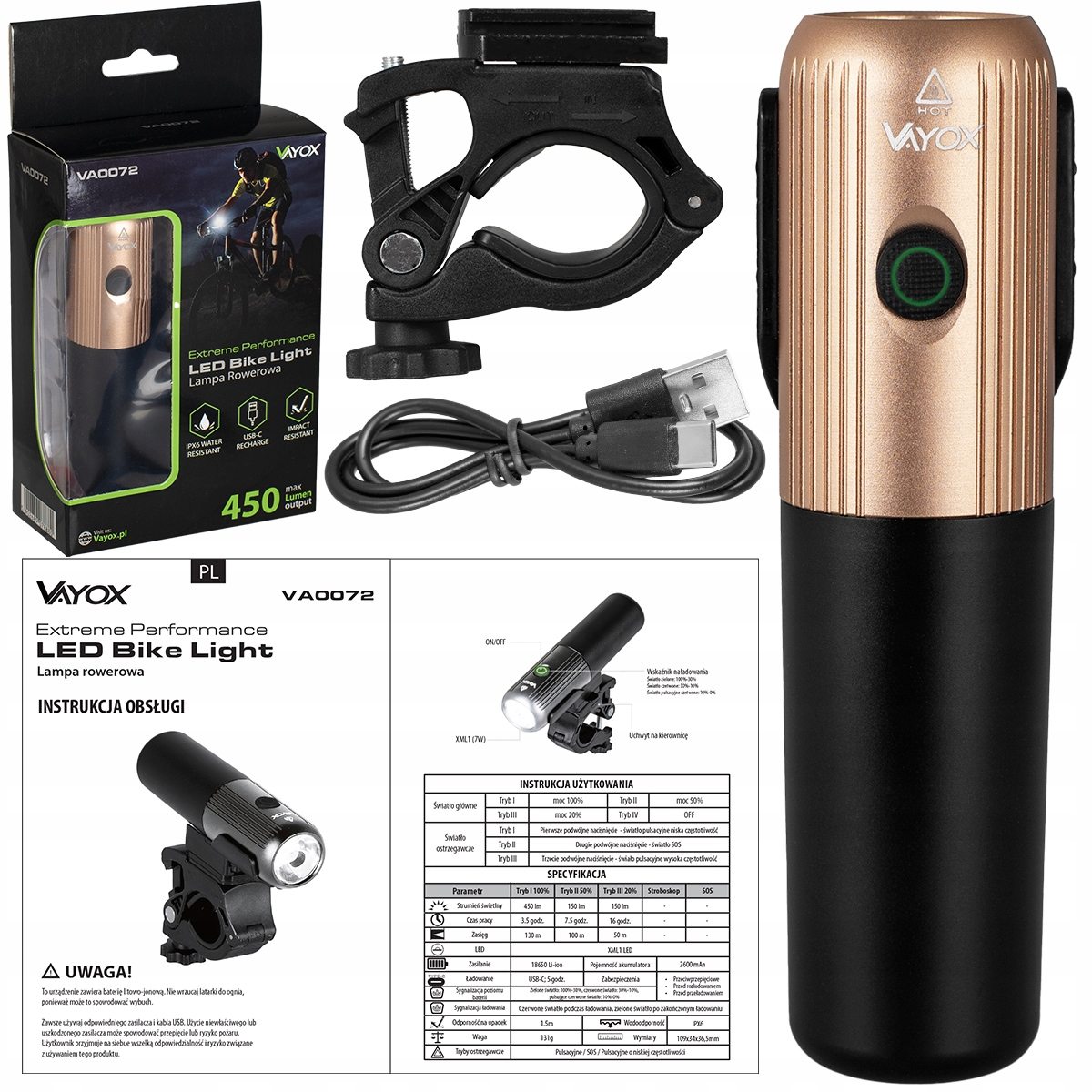Zestaw oświetlenia rowerowego ze złotym i czarnym światłem, akcesoriami i instrukcjami, na białym tle.