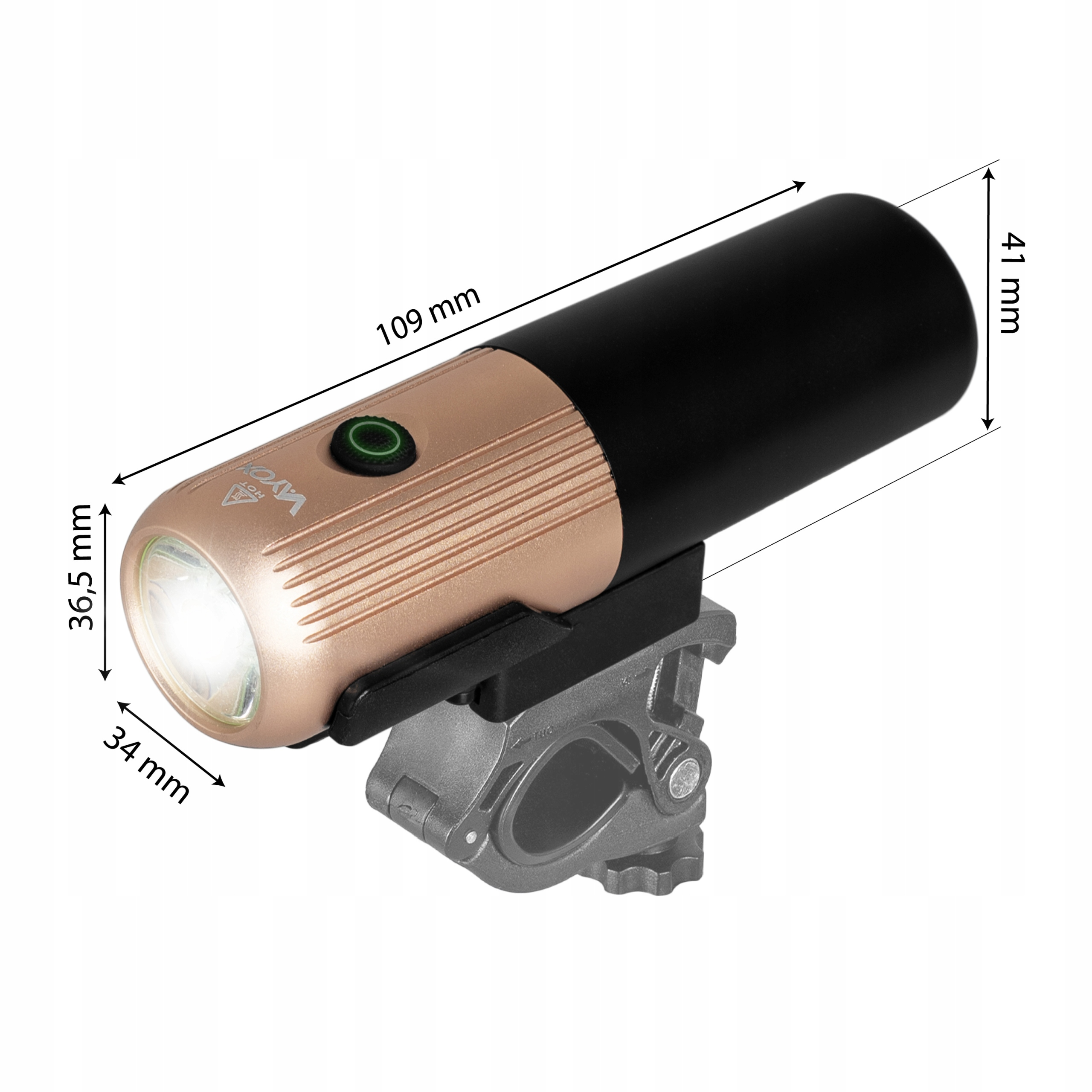 Lampa rowerowa z czarnym i złotym wykończeniem, z wymiarami i mocowaniem, na białym tle.