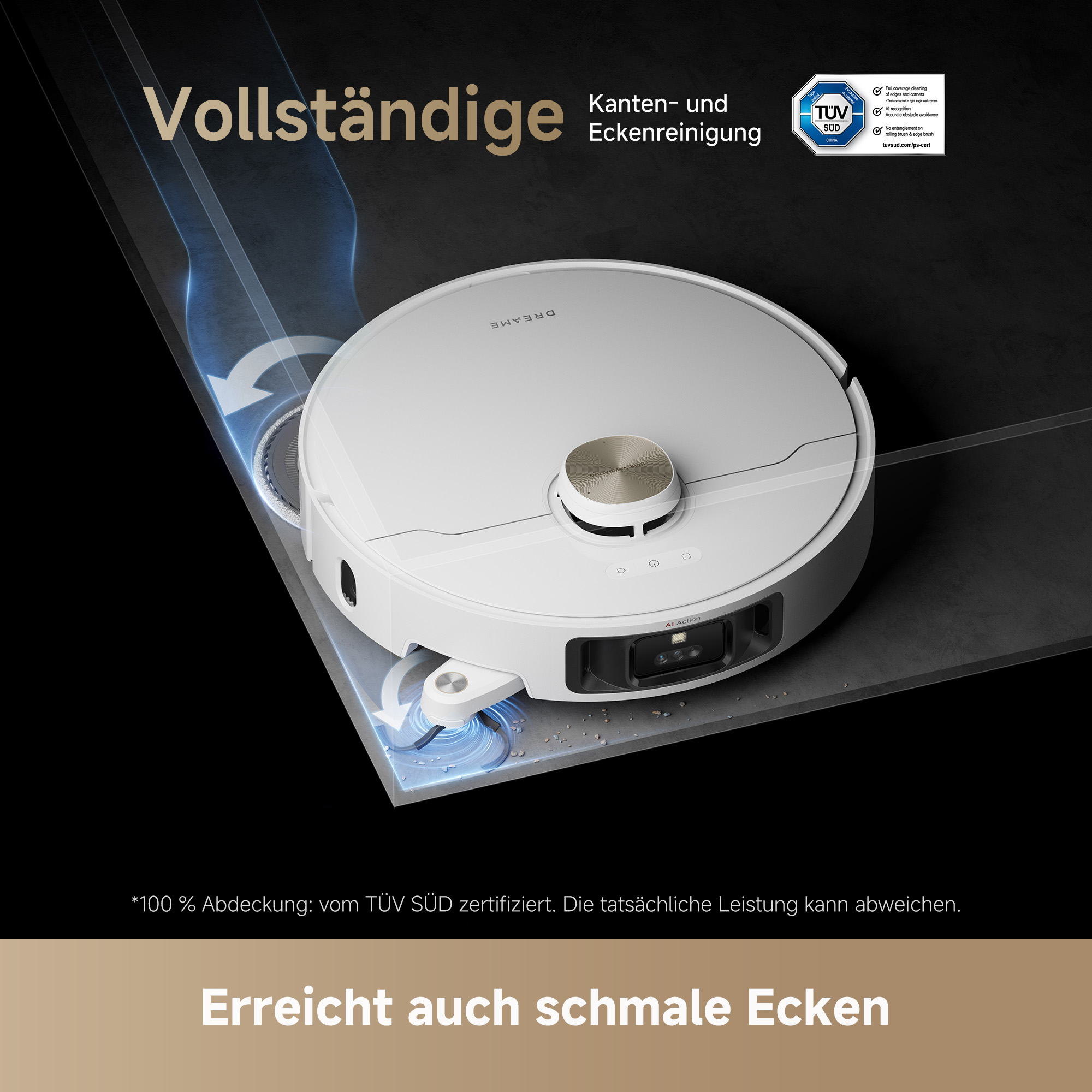 Weißer Roboter-Staubsauger auf dunklem Boden. Text lautet: 'Komplette Reinigung'.