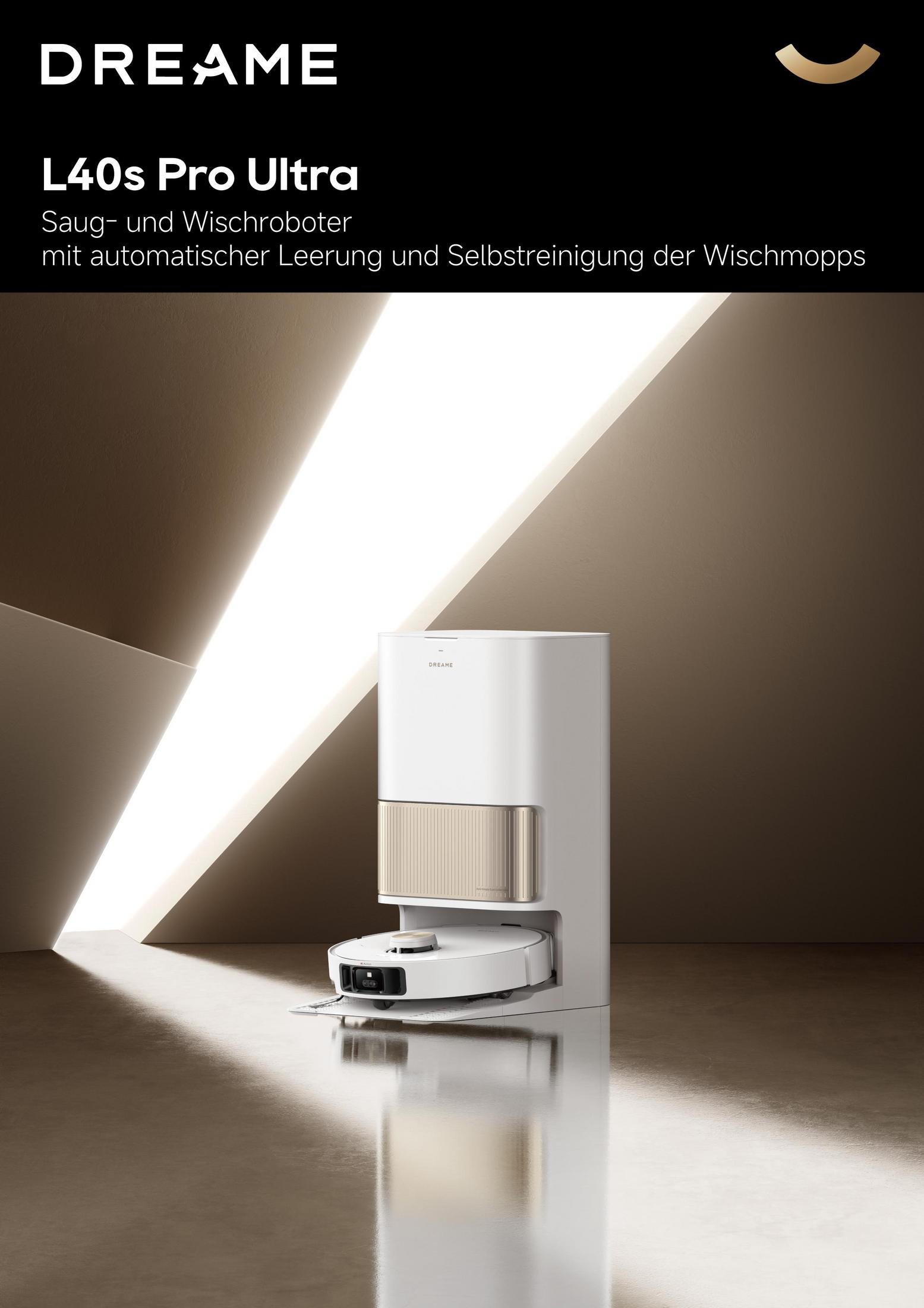 Biały i złoty robot odkurzający ze stacją ładującą, zatytułowany 'DREAME L40s Pro Ultra'.