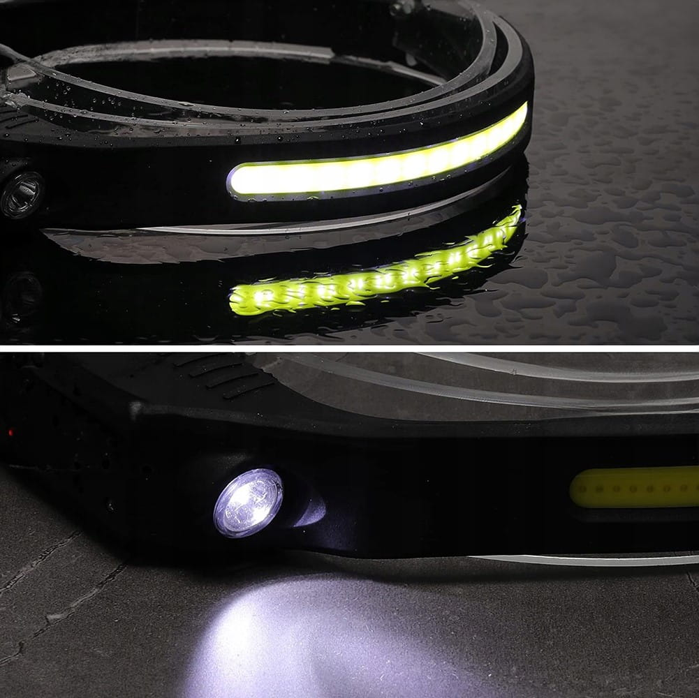 Zbliżenia czarnej latarki czołowej z żółtymi i białymi emiterami światła.