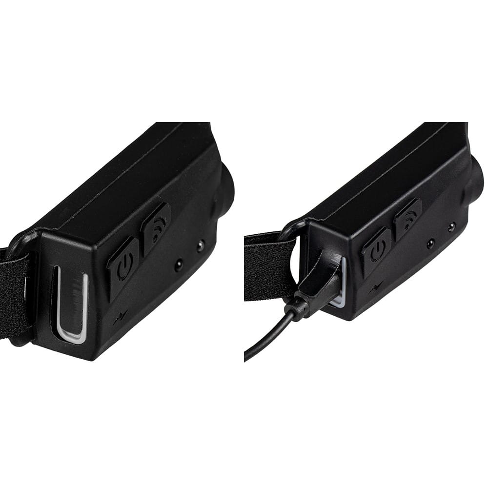 Dwa zdjęcia pokazują stację ładującą do czołówki. Czarna, kompaktowa i funkcjonalna konstrukcja.