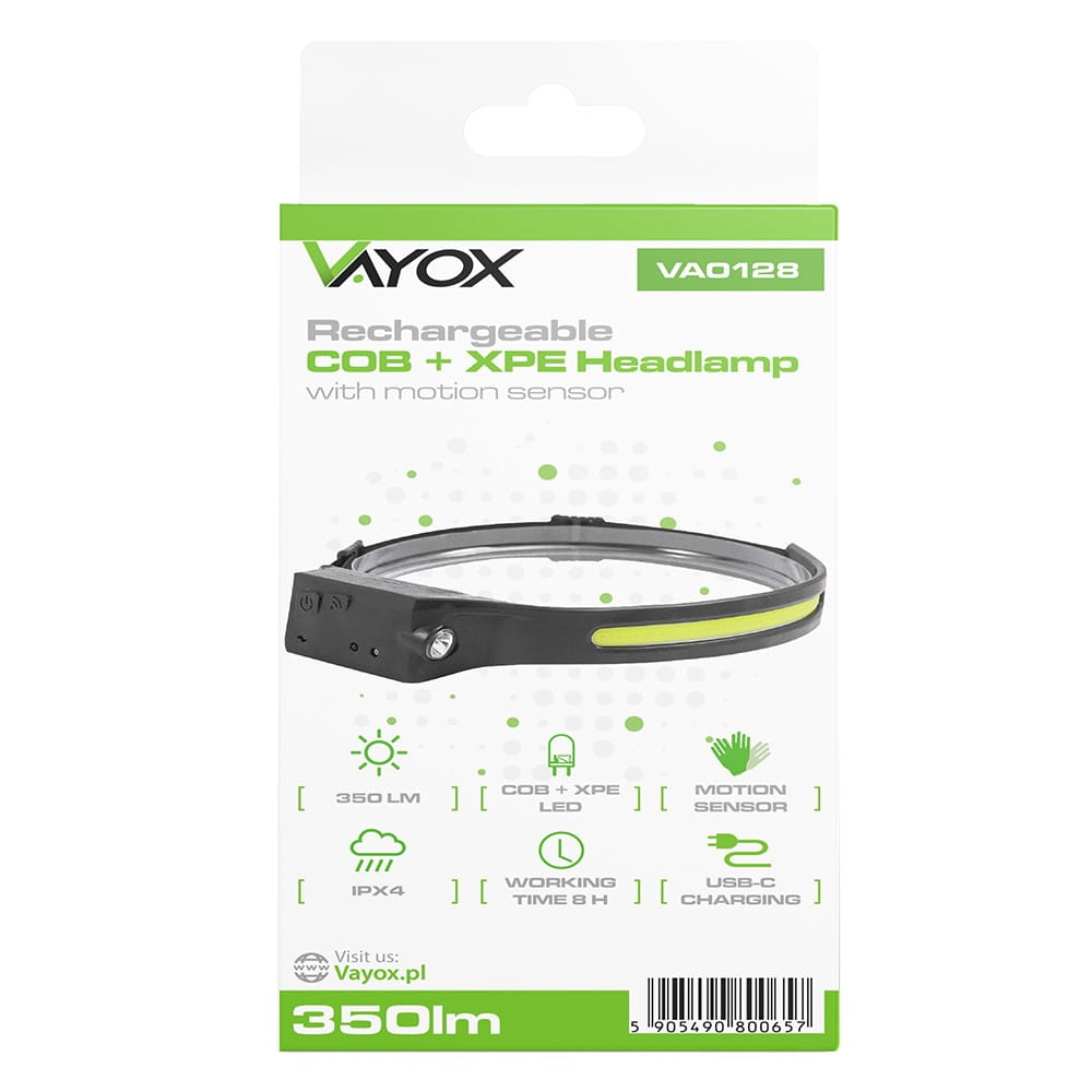 Pudełko opakowania dla ładowanej lampy czołowej Vayox, ze szczegółami funkcji.
