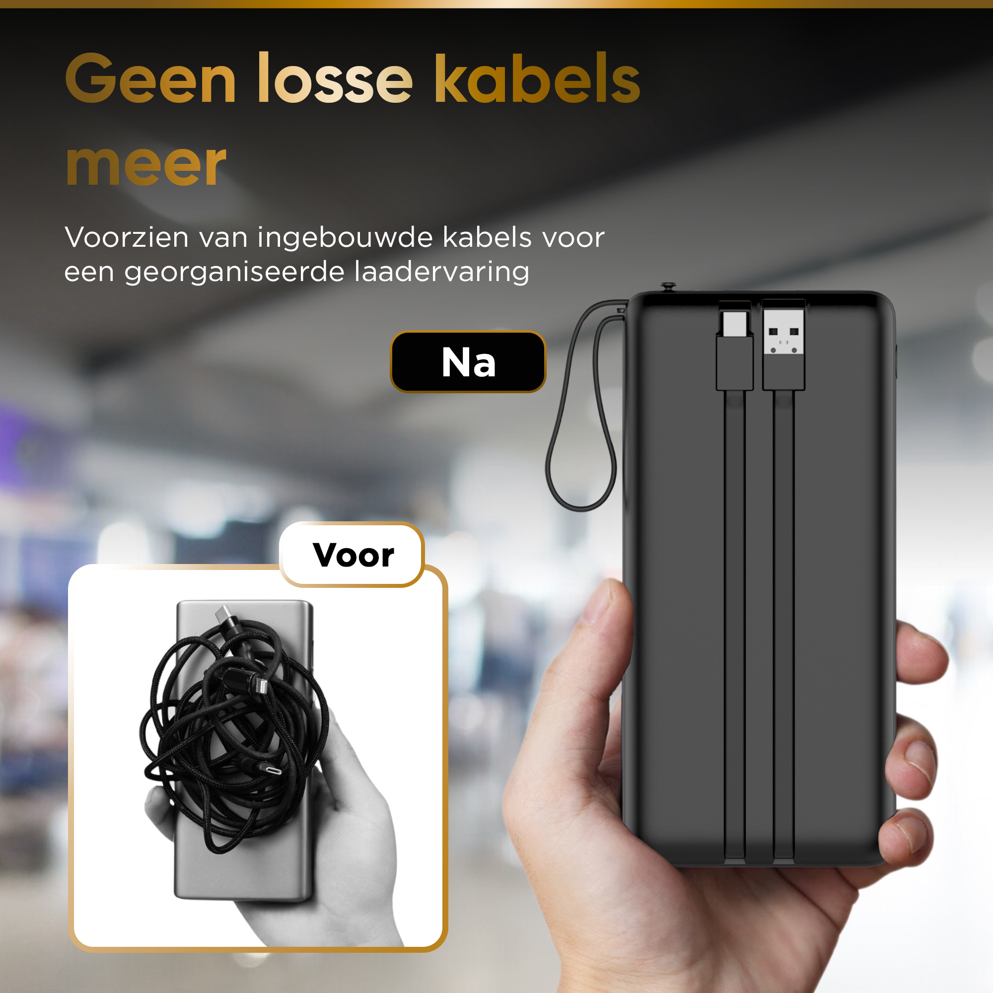 A hand holds a black power bank with attached cables, compared to tangled cords.