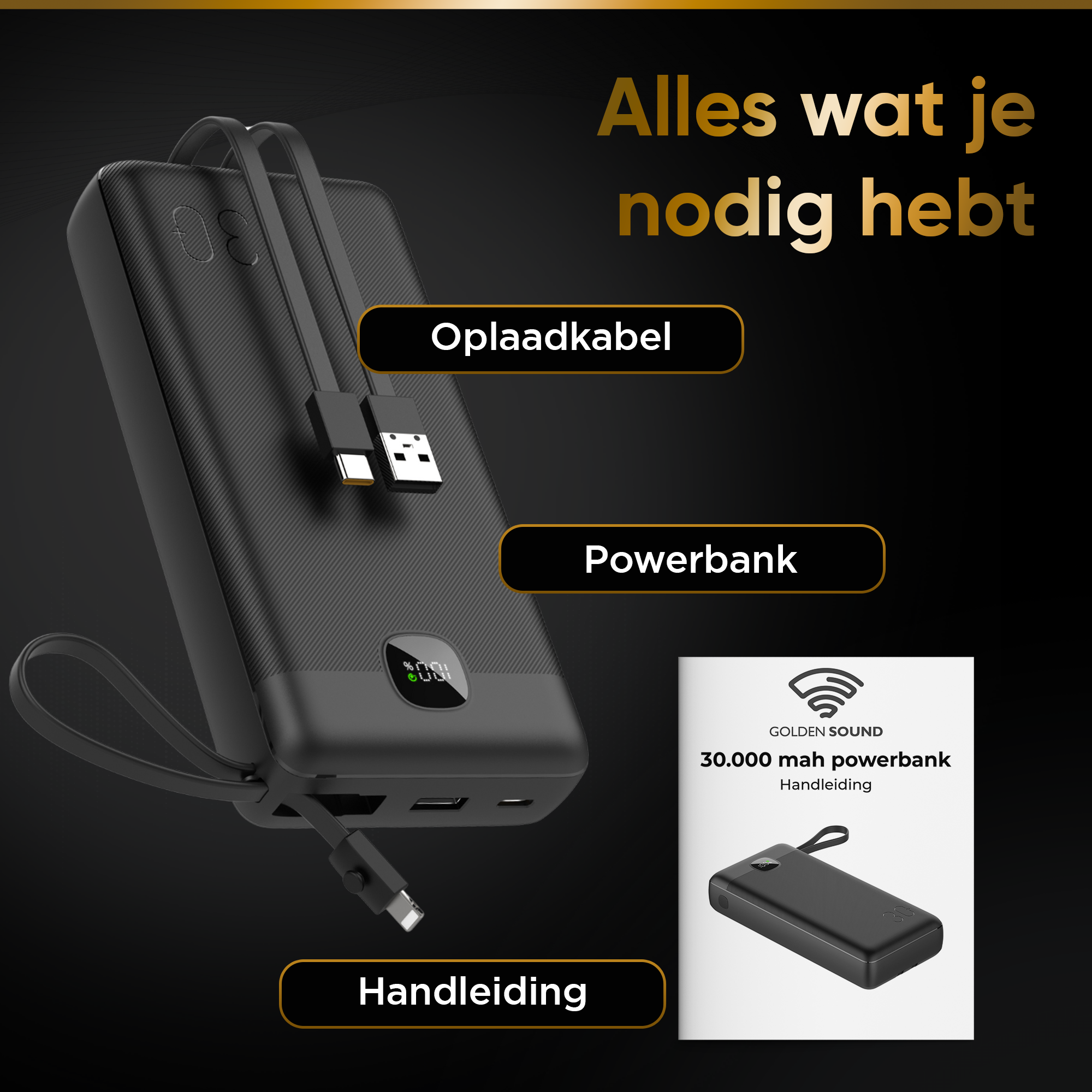 Black power bank with cable, USB port, and a booklet, all on a black background.