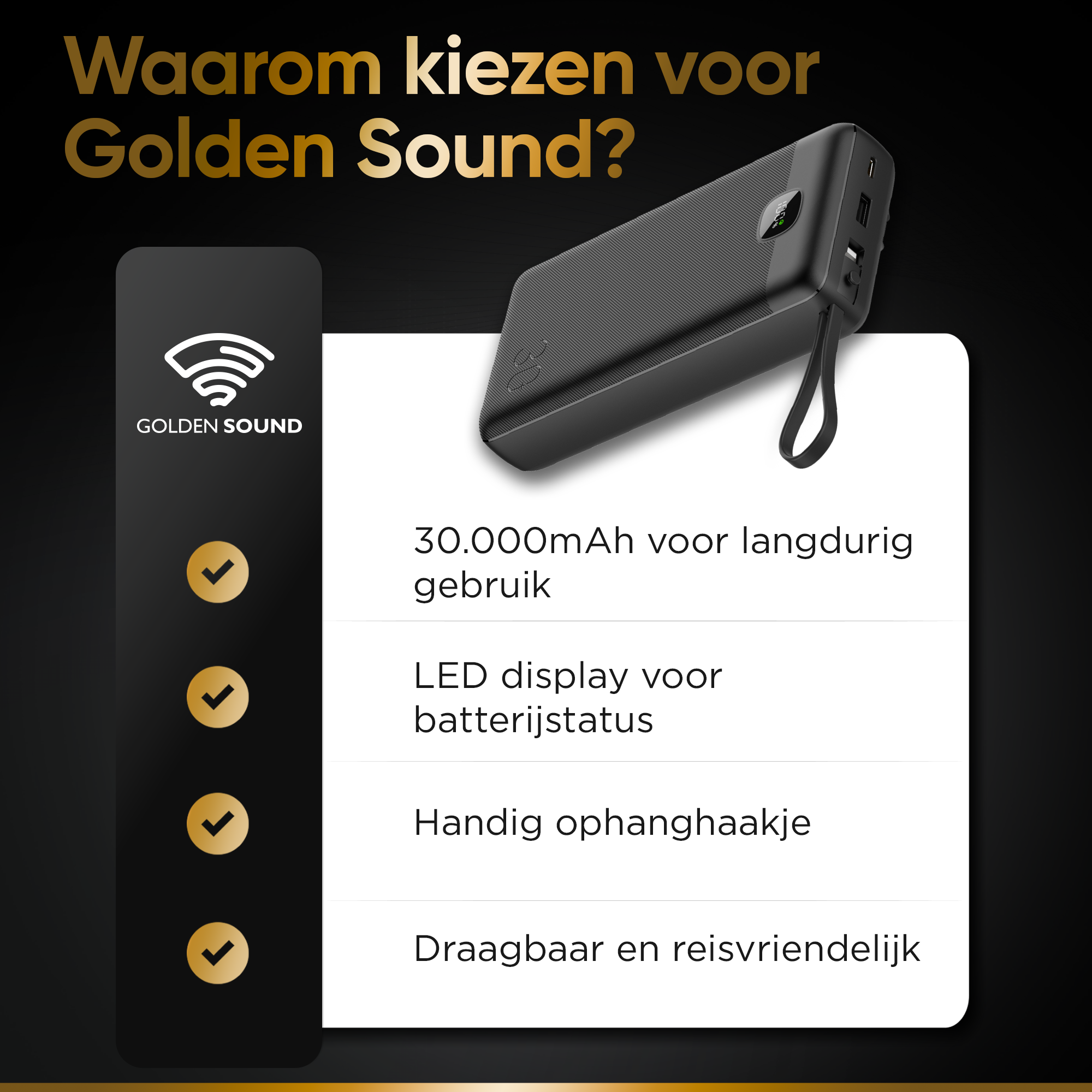 Black power bank with golden text, showing features: 30,000 mAh, LED display, hook, and travel-friendly.