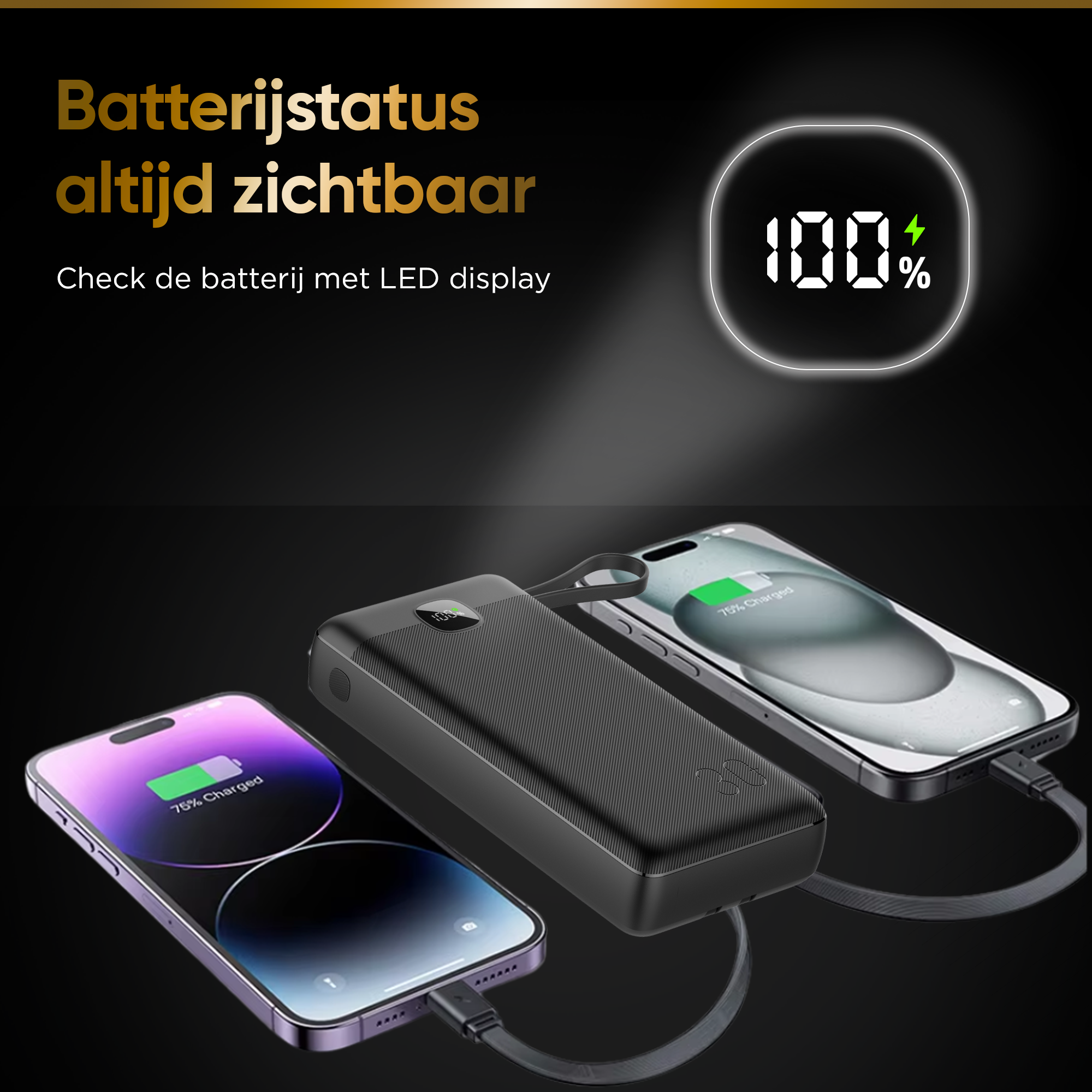A power bank and two phones charging, with a digital display showing battery level.