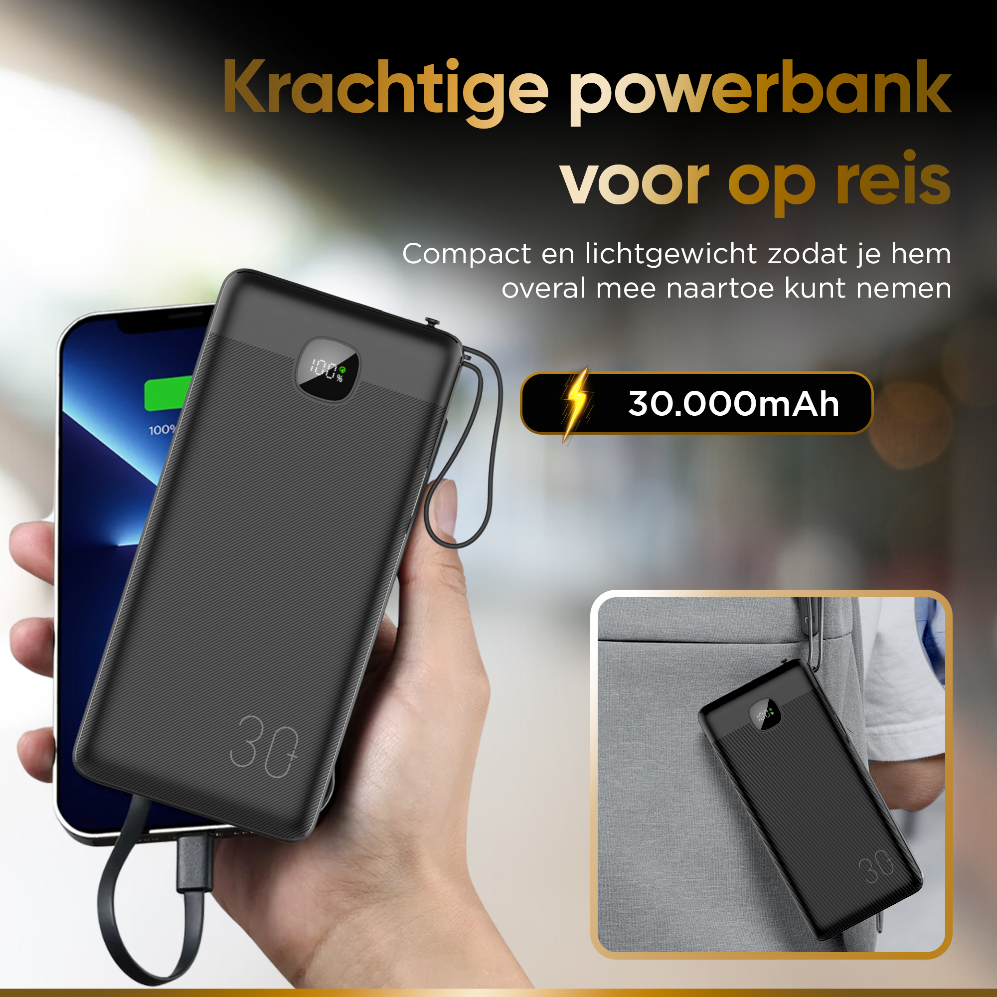 Black power bank charging a phone, with a digital display showing 100% on a dark background.