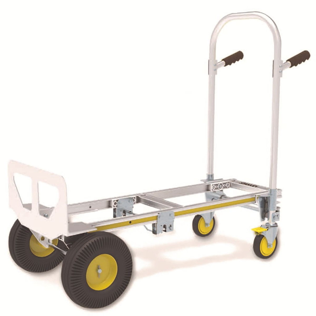 Silver and yellow hand truck on a white background, with large black wheels.