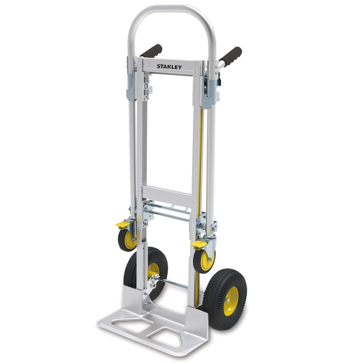 A silver and black hand truck with yellow wheels. Stanley brand name is visible.