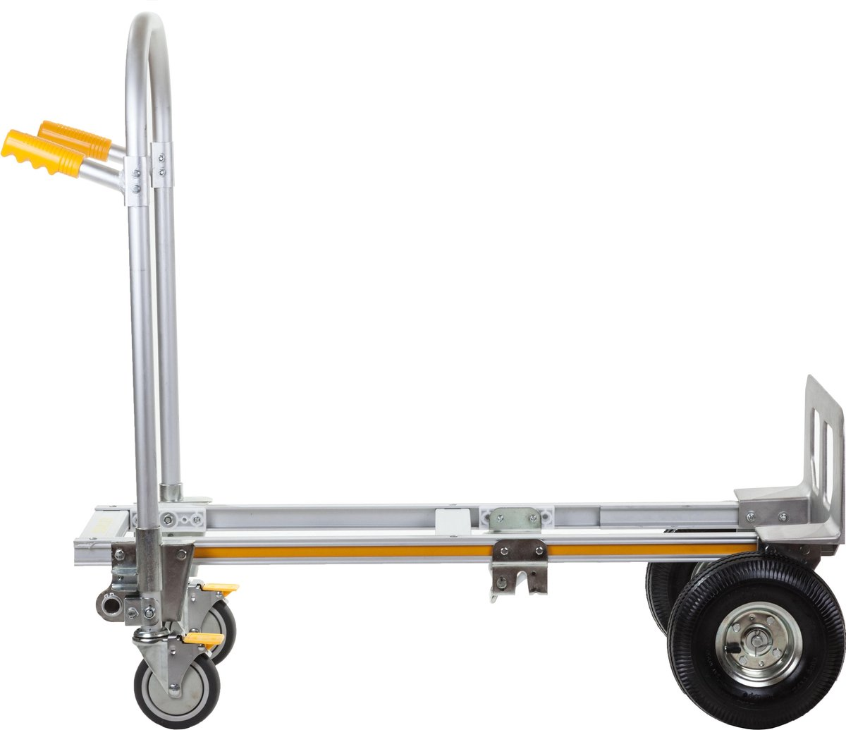 A silver hand truck with yellow handles, on a white background, showing the side view.