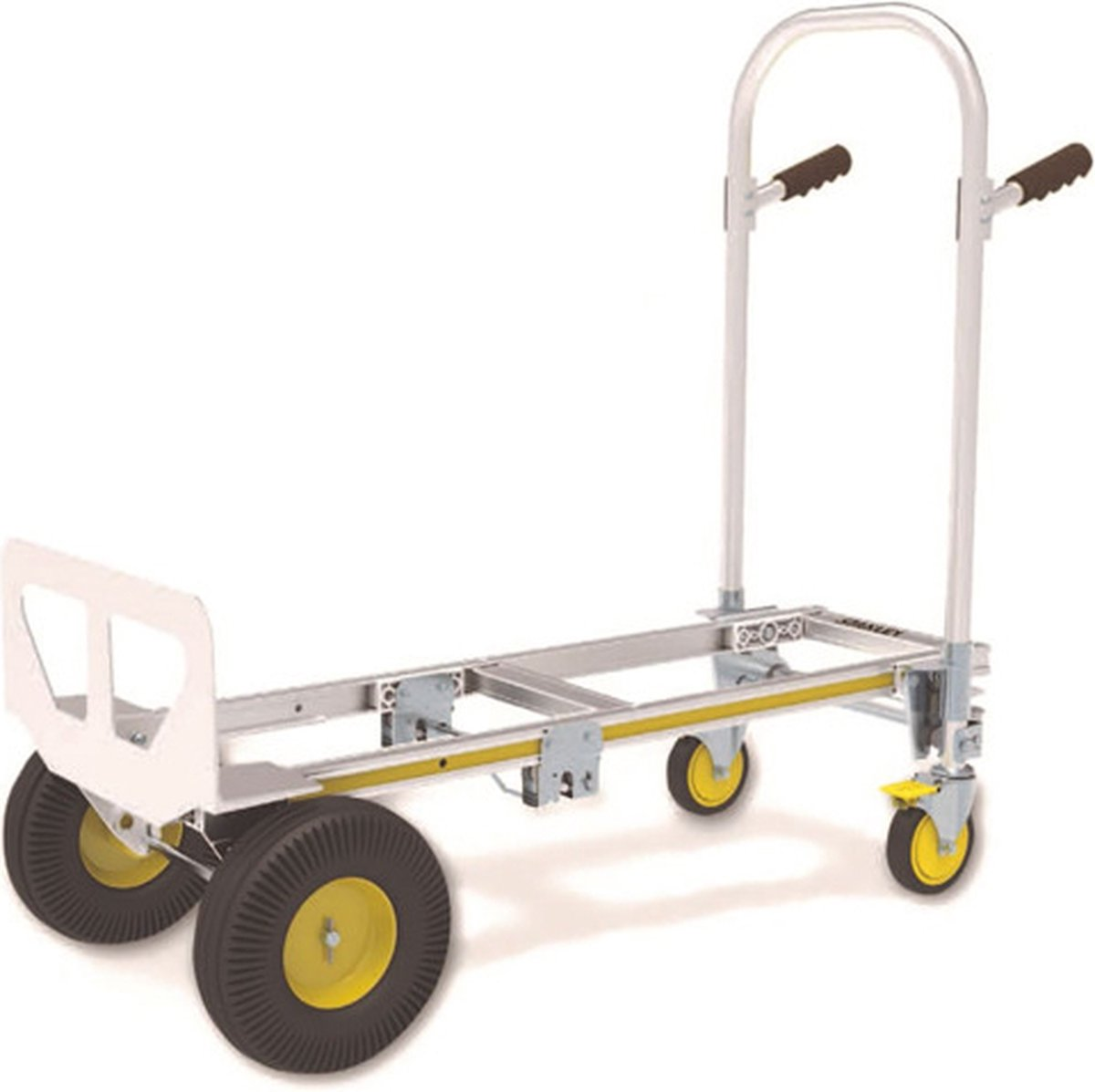 A hand truck with yellow wheels and a white back support, on a white background.