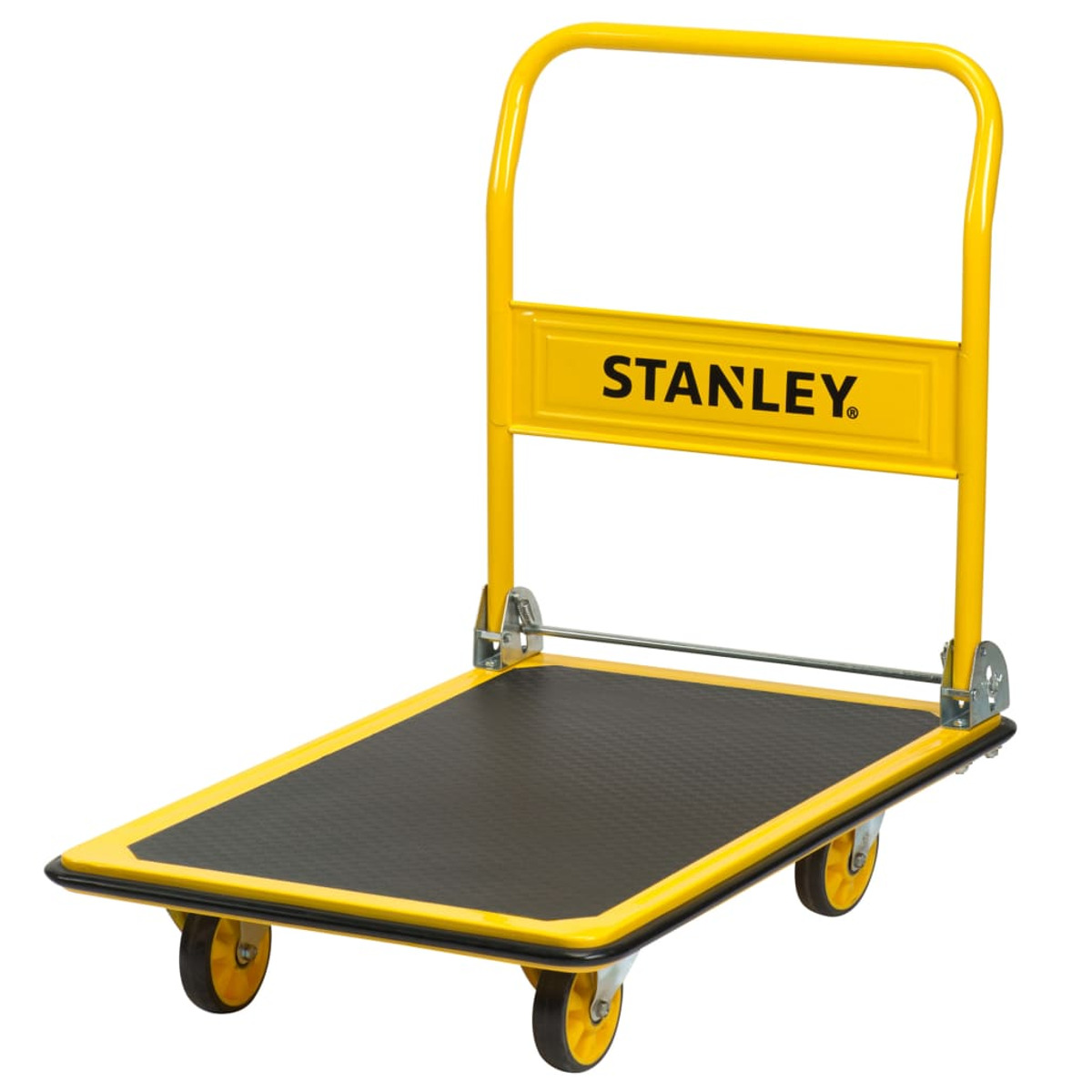 Geel en zwarte steekwagen. Het woord "STANLEY" staat op de voorkant gedrukt.