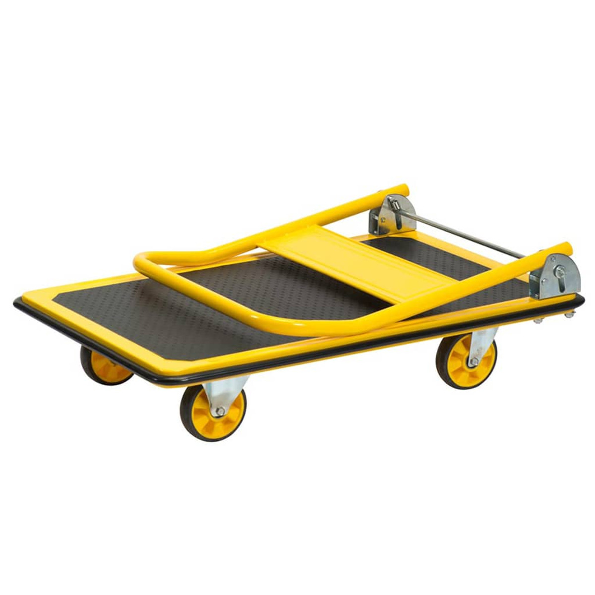 Geel en zwarte opvouwbare platformwagen met vier wielen op een witte achtergrond.
