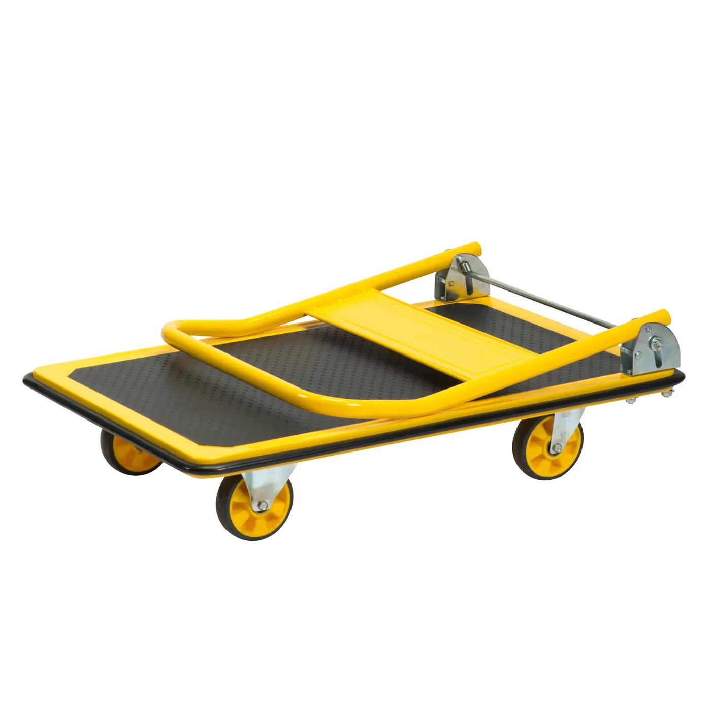 Geel en zwarte opvouwbare steekwagen, opgevouwen.
