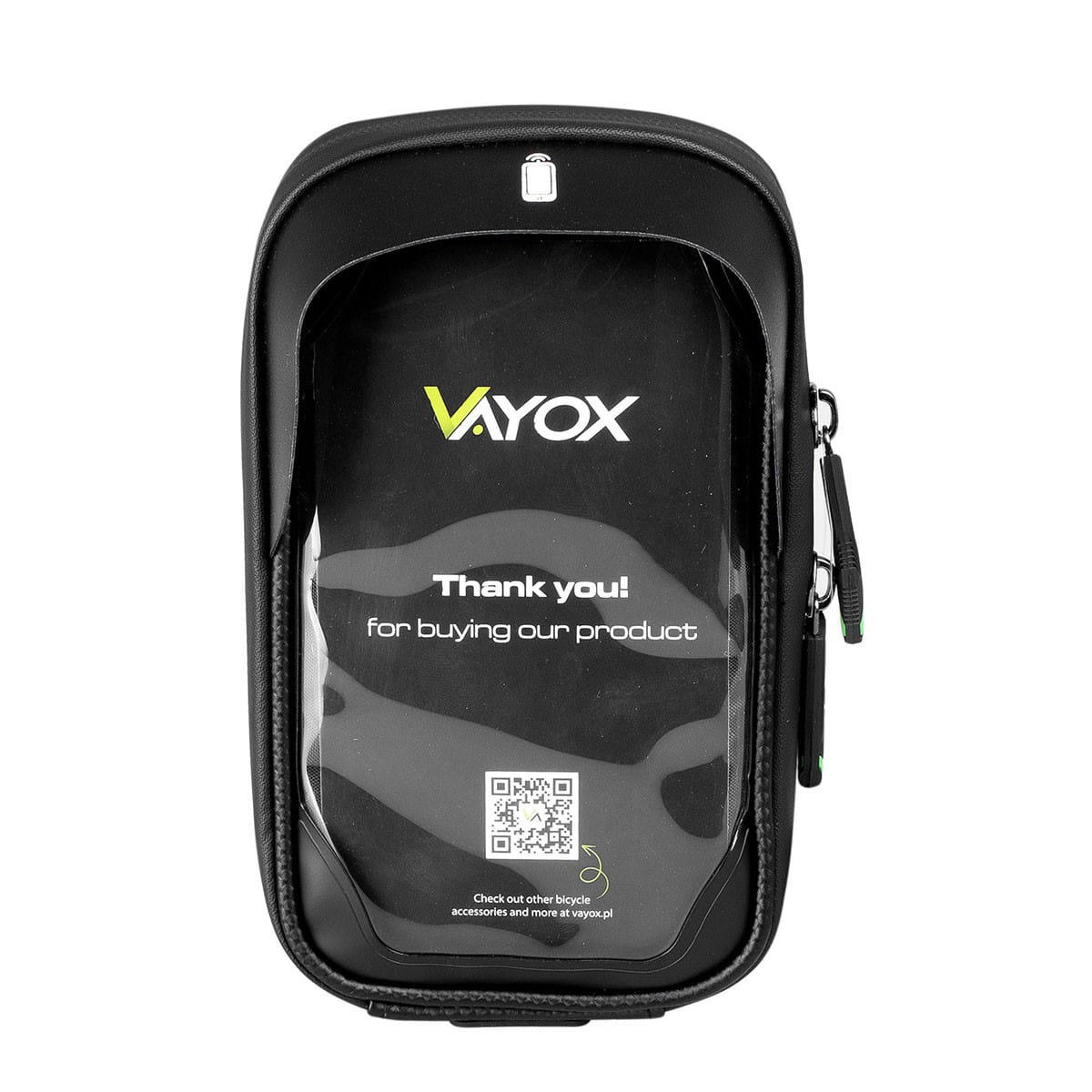 Czarna torba rowerowa z przezroczystym wierzchem, logo VAYOX i kodem QR, na białym tle.