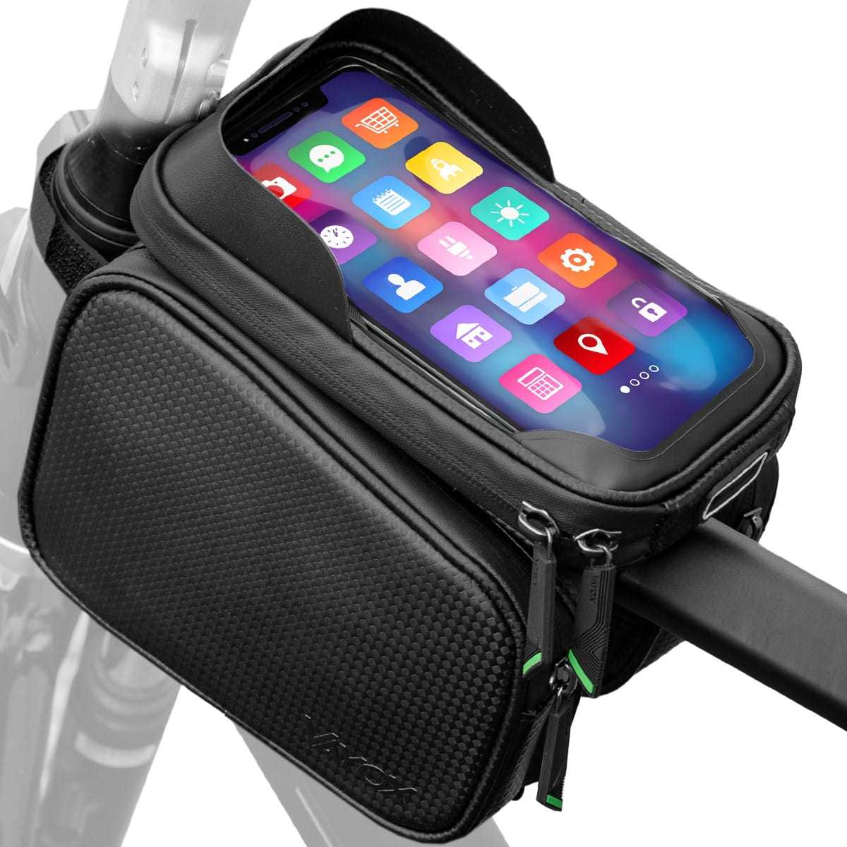 Czarna torba na kierownicę roweru z telefonem w środku, wyświetlającym ikony aplikacji.