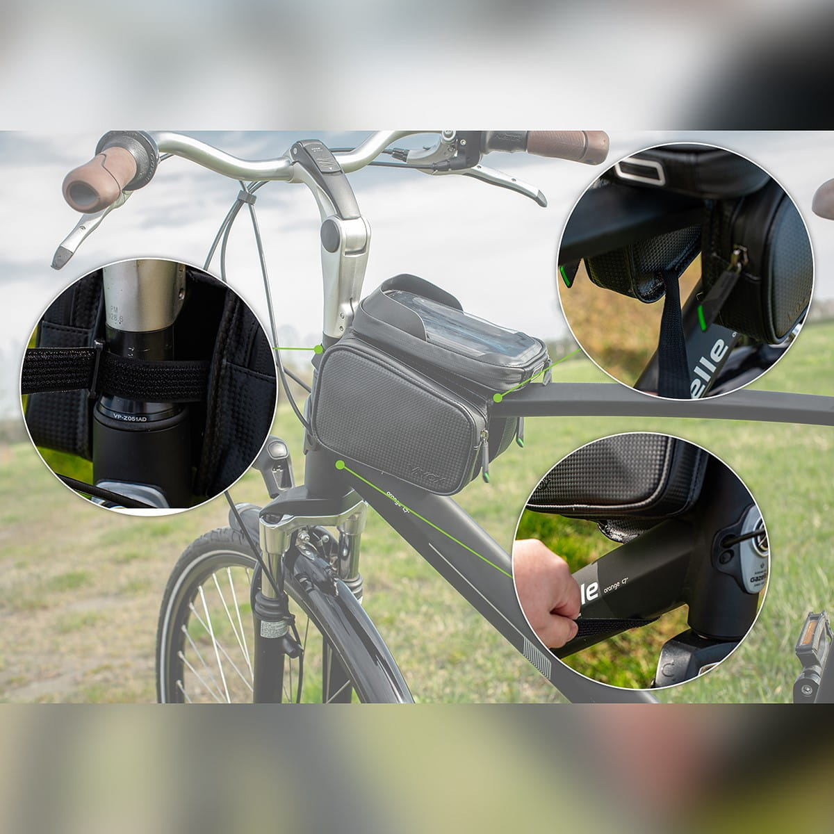 Rower z torbą na kierownicy, z bliskimi ujęciami cech torby i zieloną trawą.