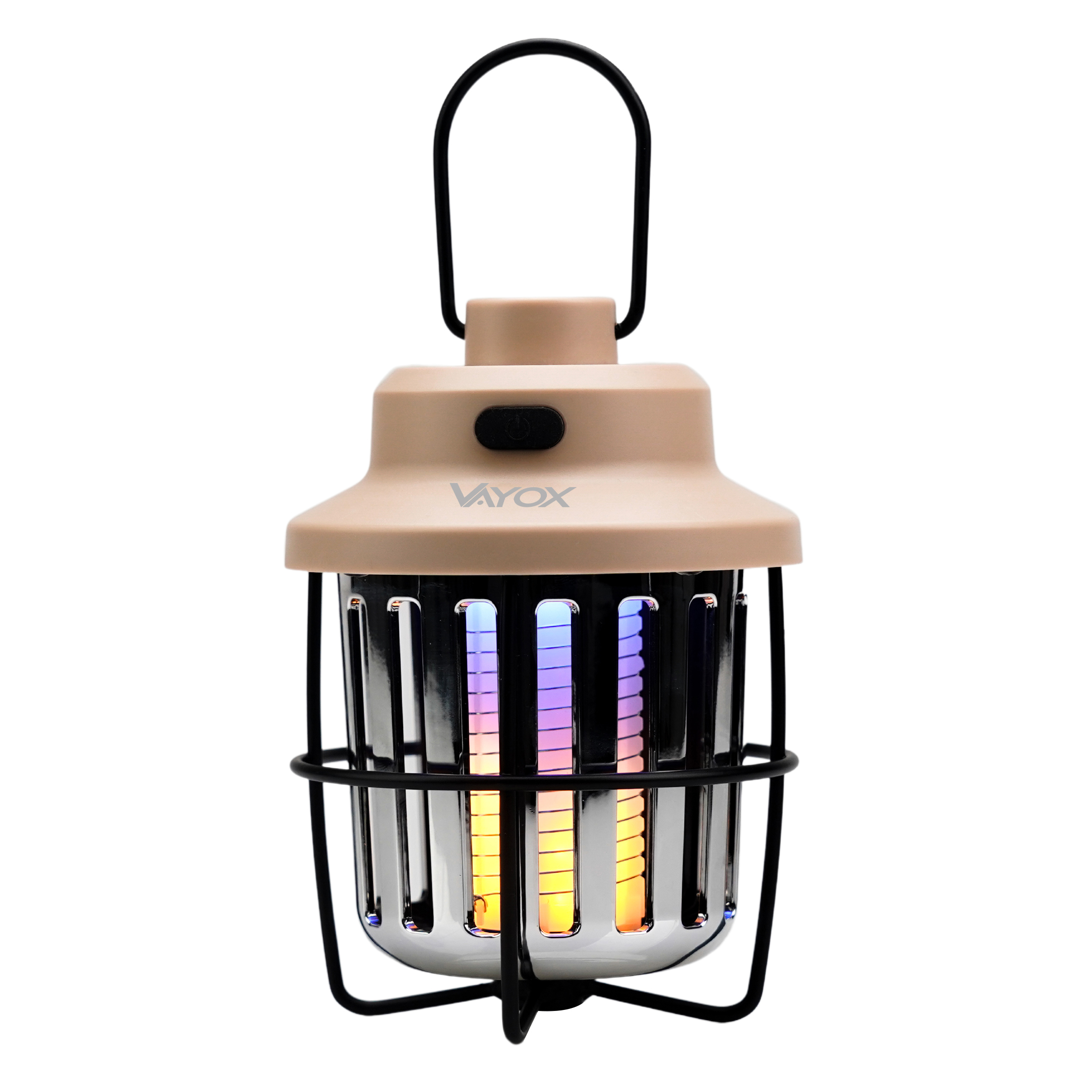 Beżowo-czarna lampa na owady z czarnym uchwytem i białym tłem.