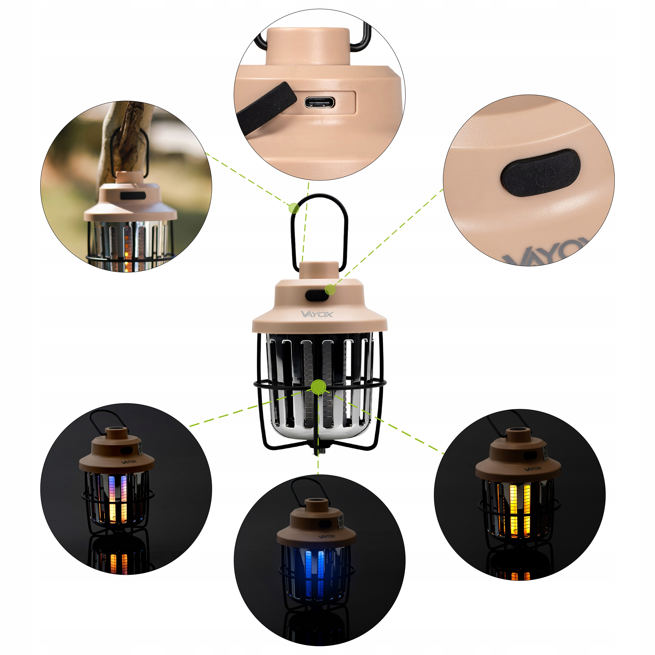 Różne widoki beżowo-czarnej lampy na owady z czarnym uchwytem i białym tłem.