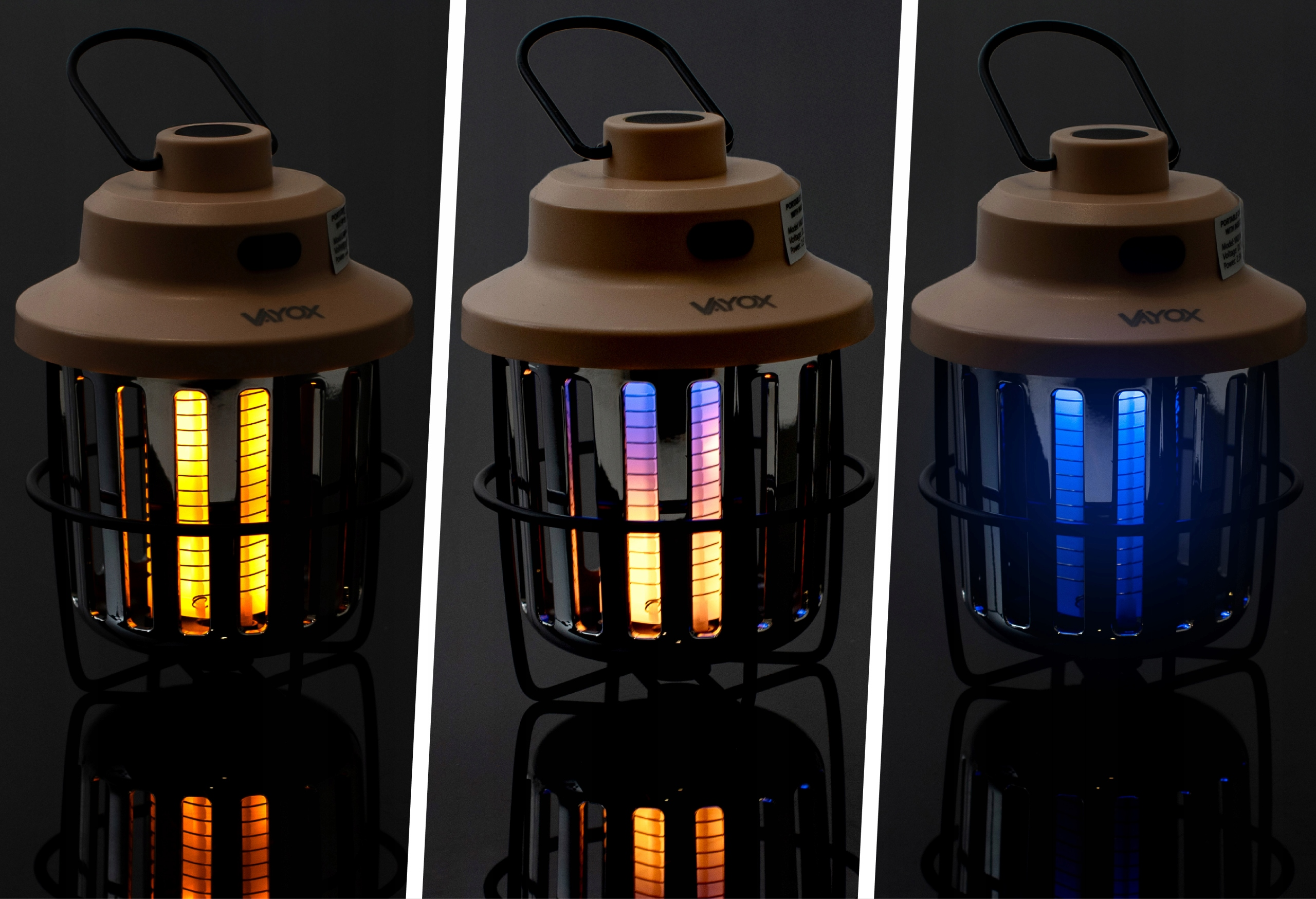 Trzy latarnie z czarną klatką, beżowym blatem i różnokolorowymi światłami: żółtym, pomarańczowym i niebieskim.