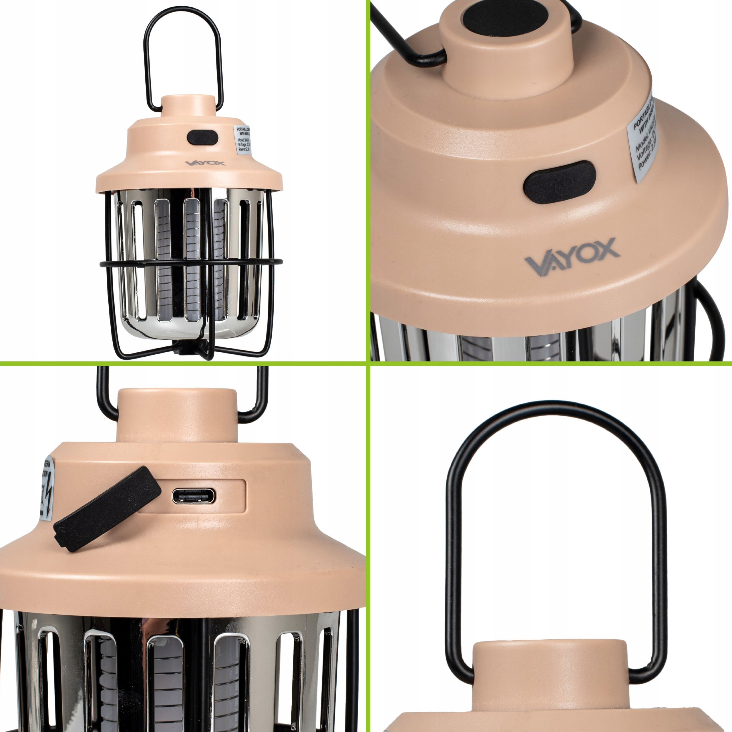 Beżowa latarnia z czarną klatką, uchwytem i przyciskiem włącz/wyłącz.