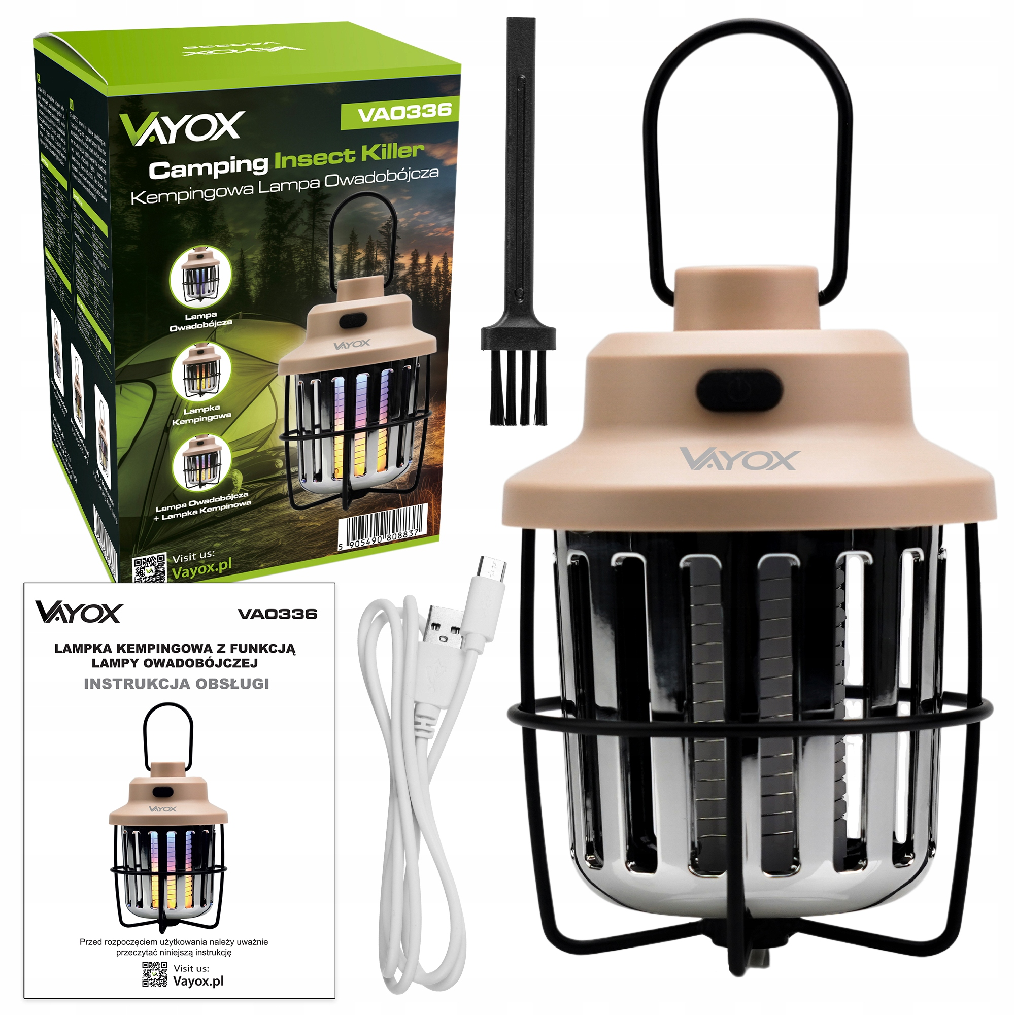 Pudełko i zmontowana beżowa latarnia z akcesoriami, w tym szczotką i kablem.