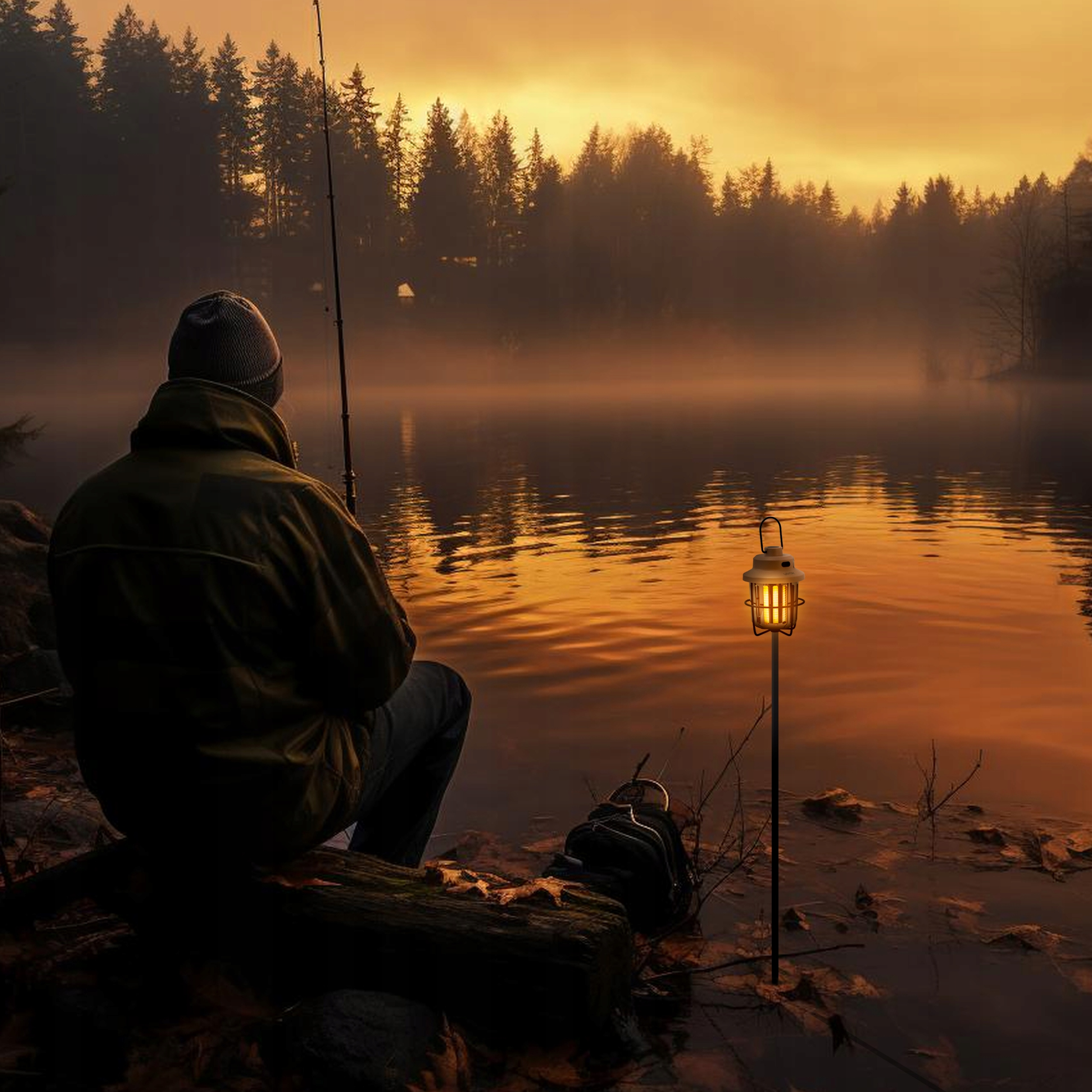 Osoba łowiąca ryby nad jeziorem o zachodzie słońca z latarnią.