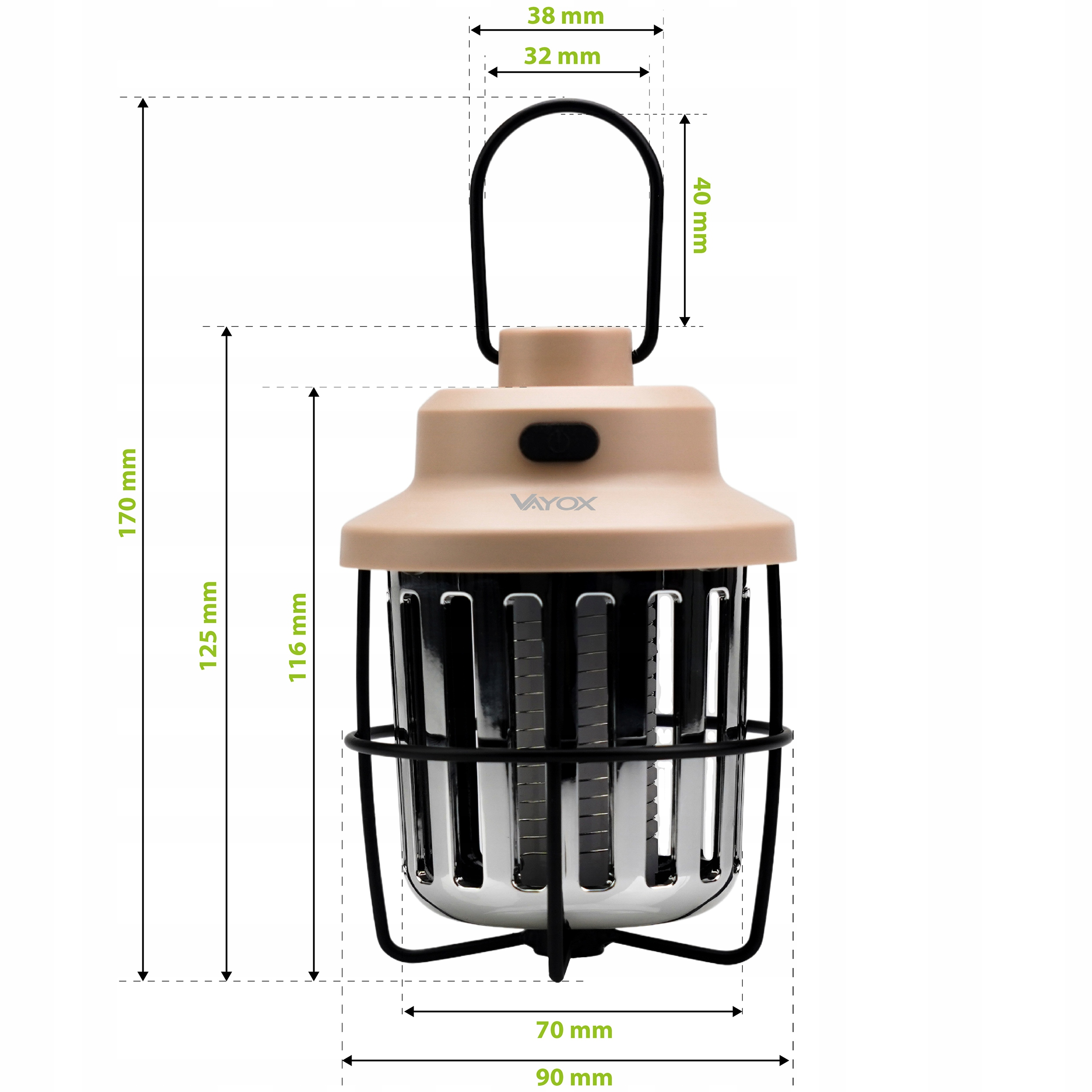 Wymiary beżowej latarni pokazujące wymiary w milimetrach.