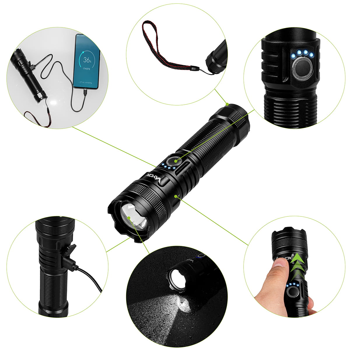 Czarna latarka z kablem ładującym, przyciskiem zasilania i wiązką światła na ciemnym tle.