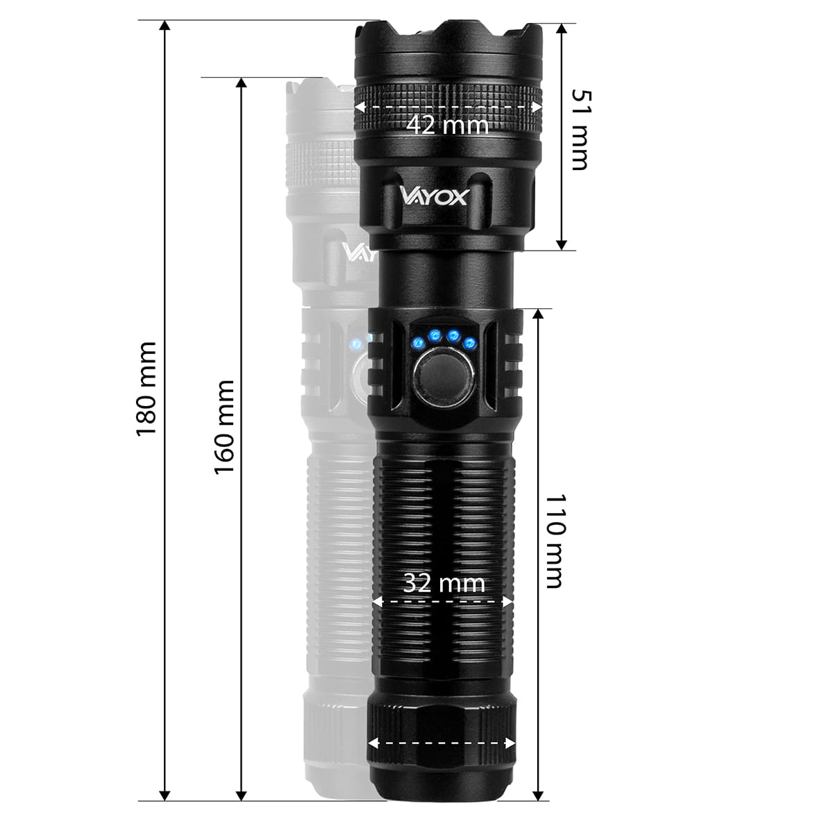 Czarna latarka z wymiarami. Ma przycisk i niebieskie światła. Nazwa marki to Voyox.