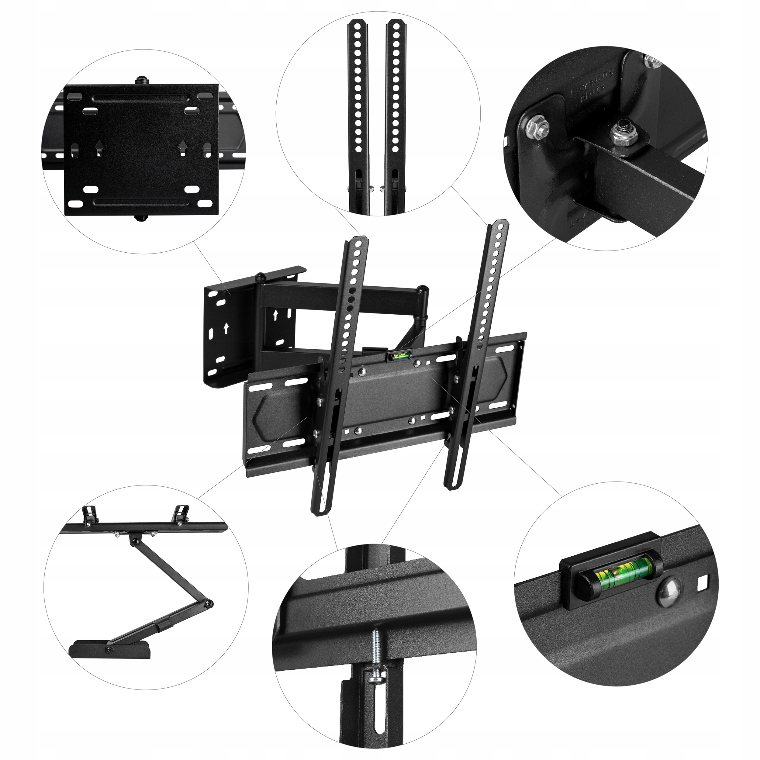 Czarny uchwyt ścienny do TV z komponentami. Kilka zbliżeń pokazujących szczegóły i poziomicę.