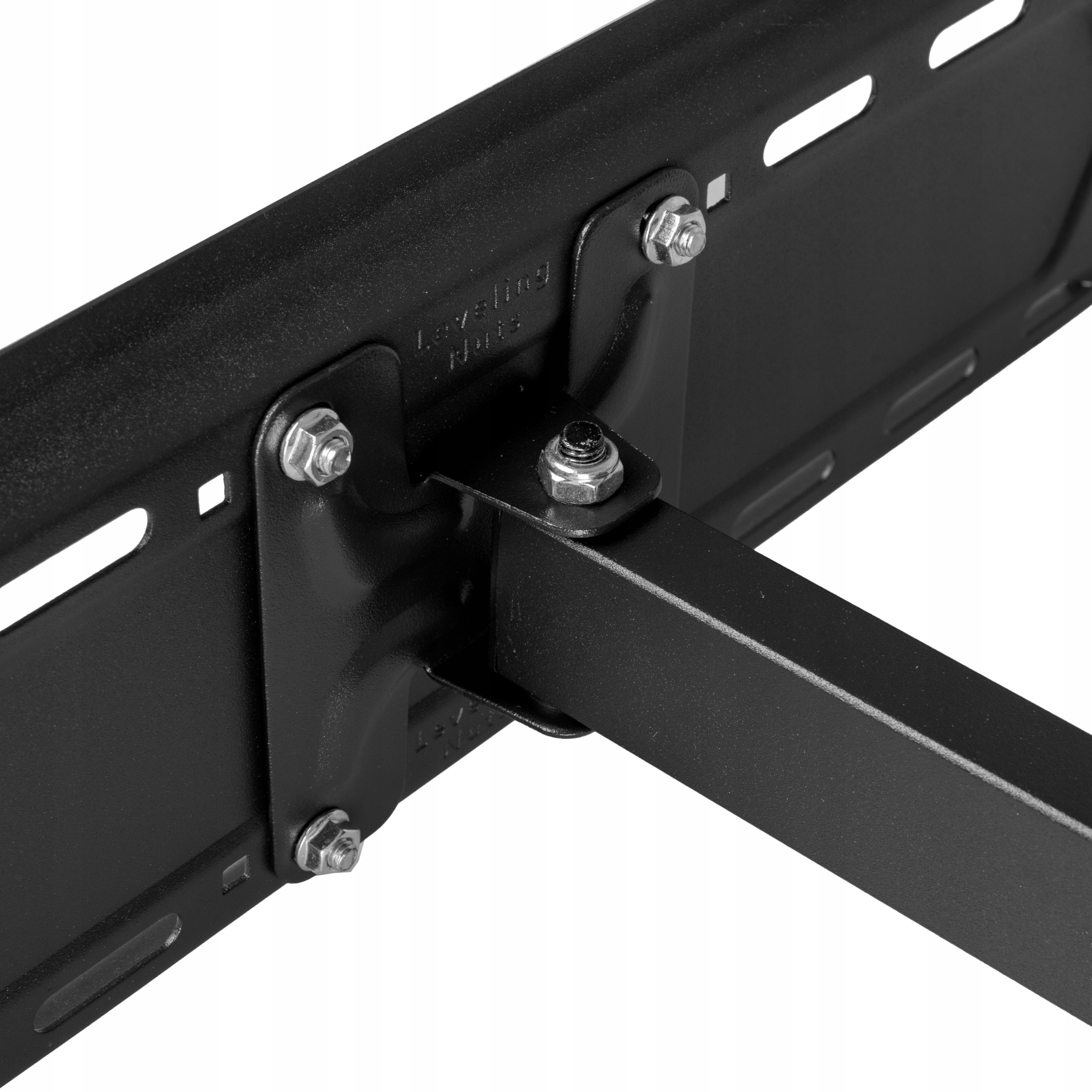 Czarny uchwyt do telewizora z regulowanymi ramionami, ze wskaźnikami obrotu 180 stopni, białe tło.