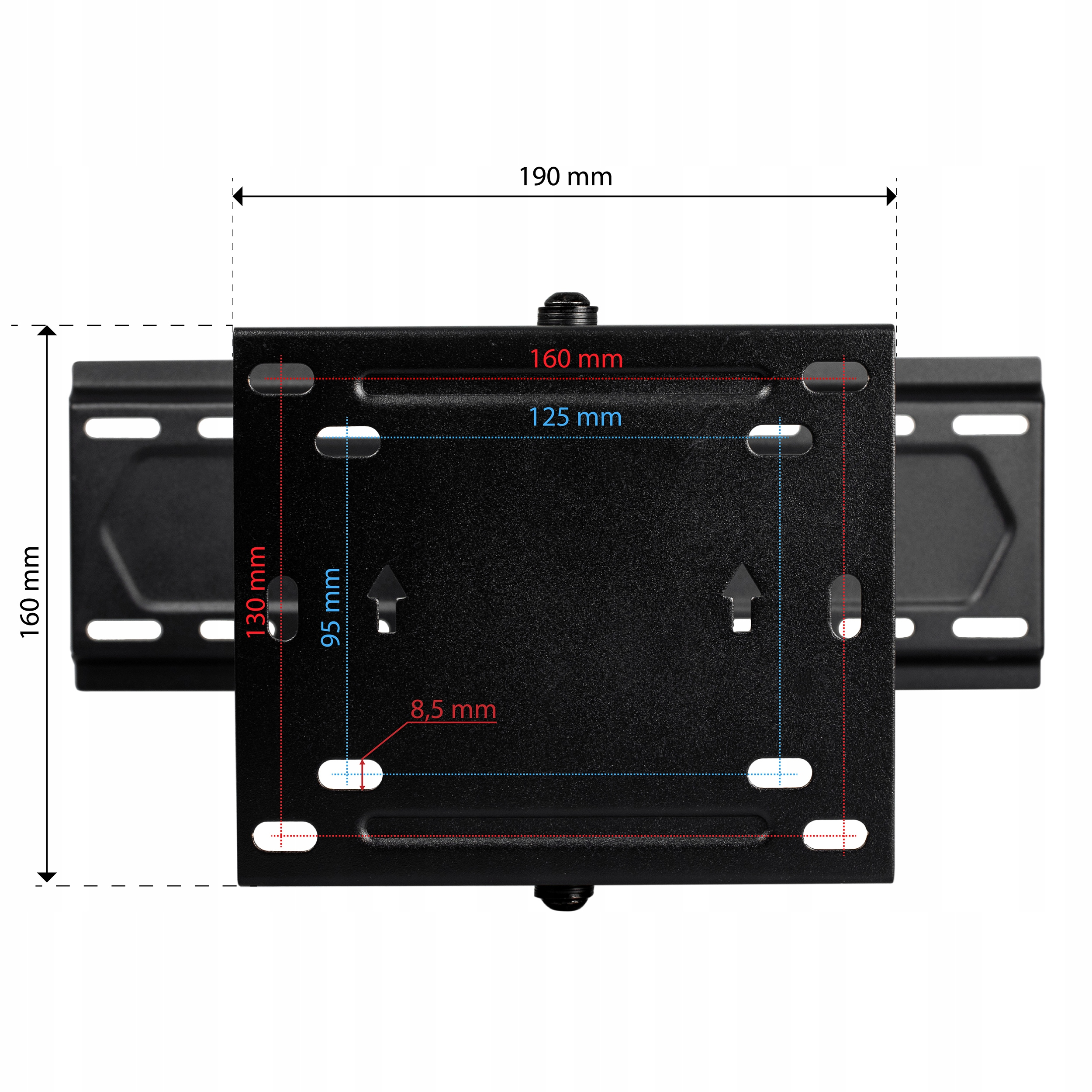Czarny uchwyt ścienny do TV z wymiarami w mm, z punktami montażu.